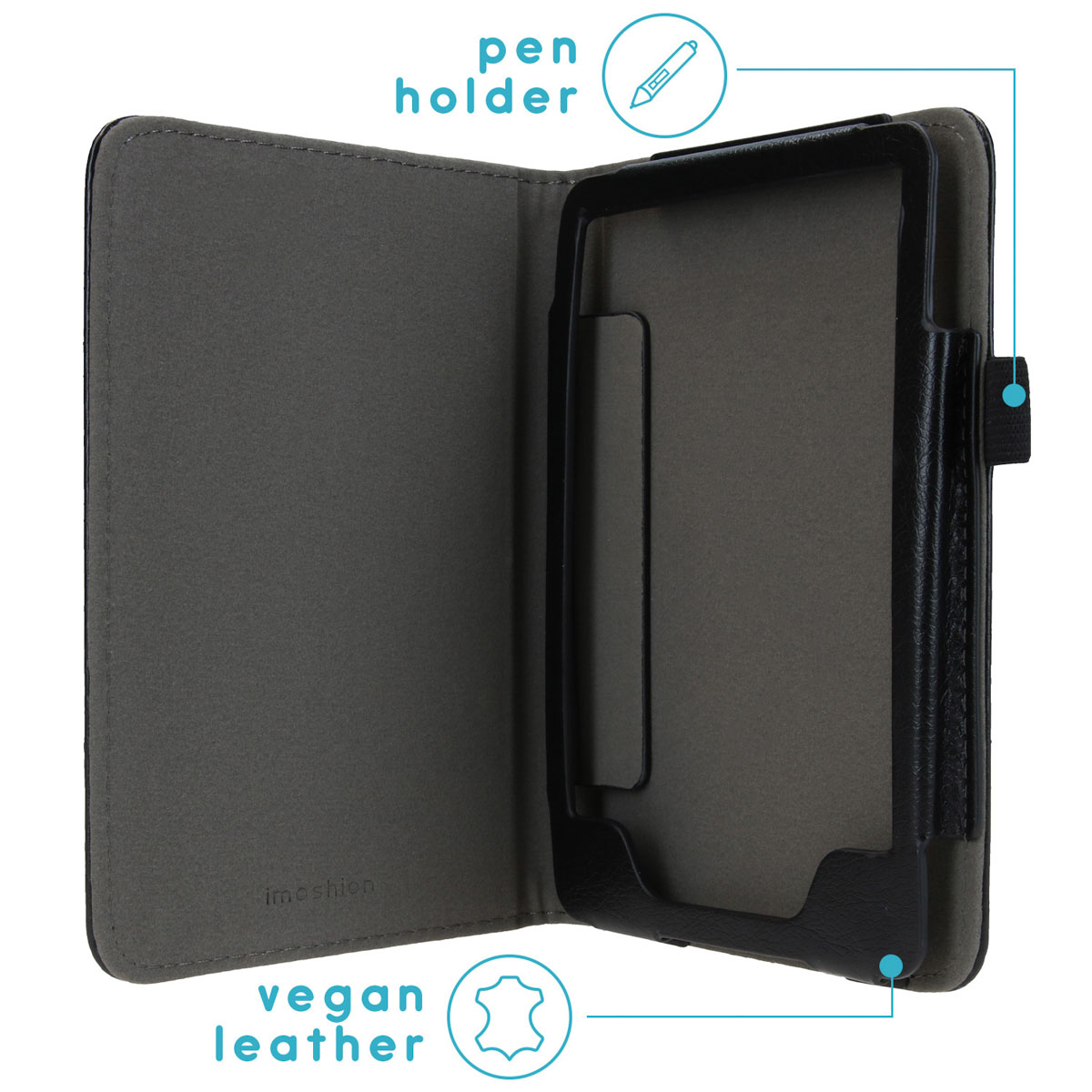 An open ebook reader case with a pen holder. The case is grey inside with a black frame.