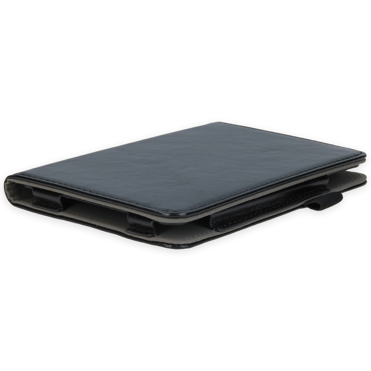 Closed dark blue tablet case on a white background.