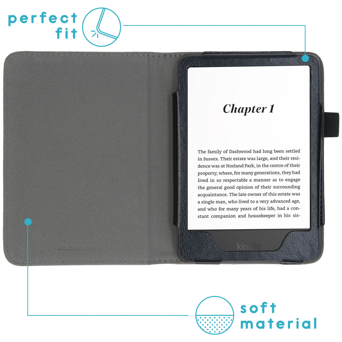 Kindle e-reader in a gray case, open to show text on the screen.