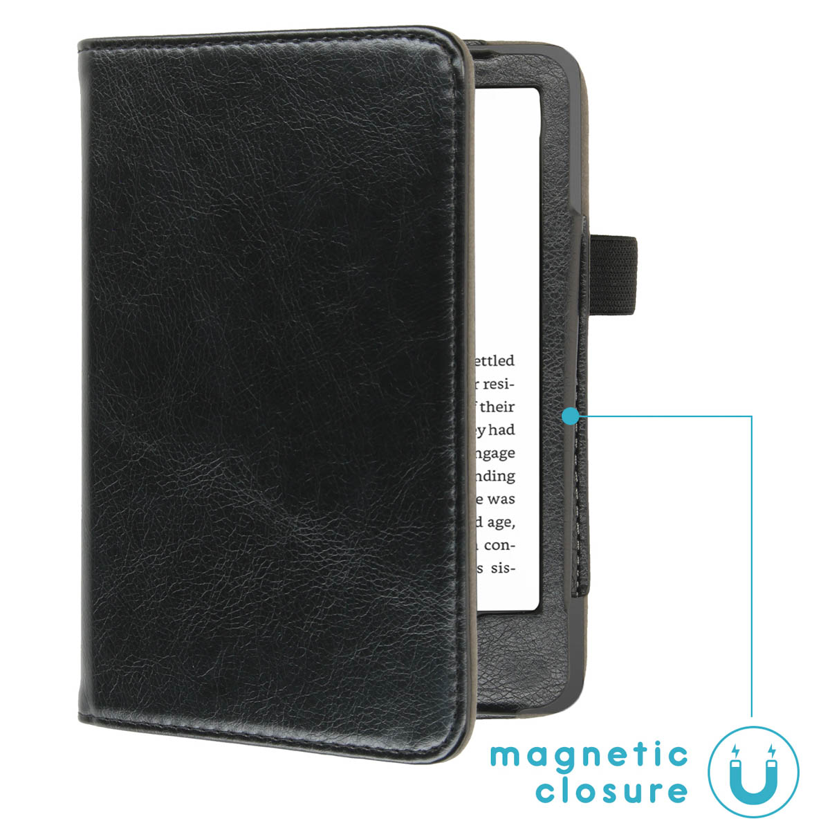 E-reader in a black case. The case is open, showing the screen.