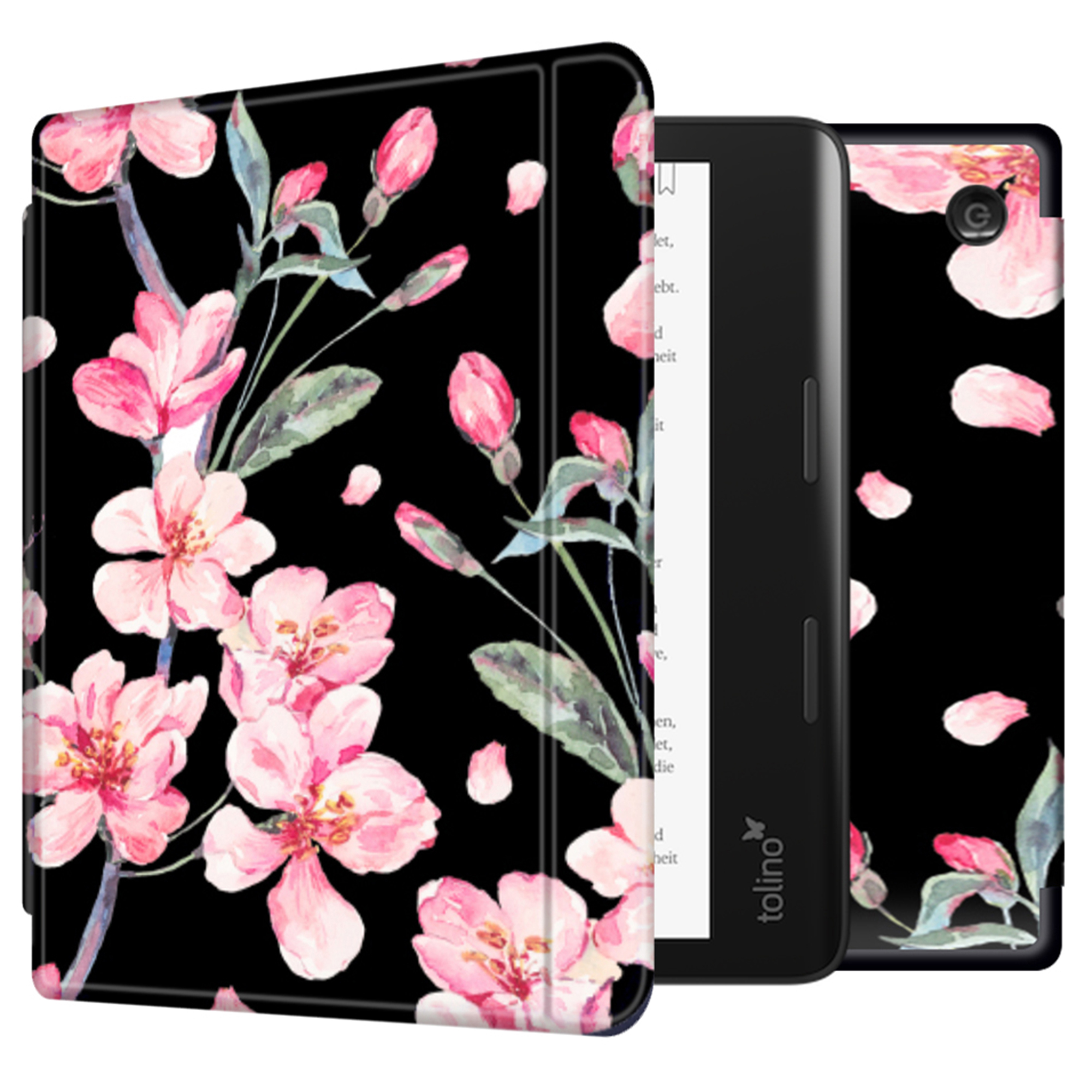Étui de tablette avec un motif floral sur fond noir.