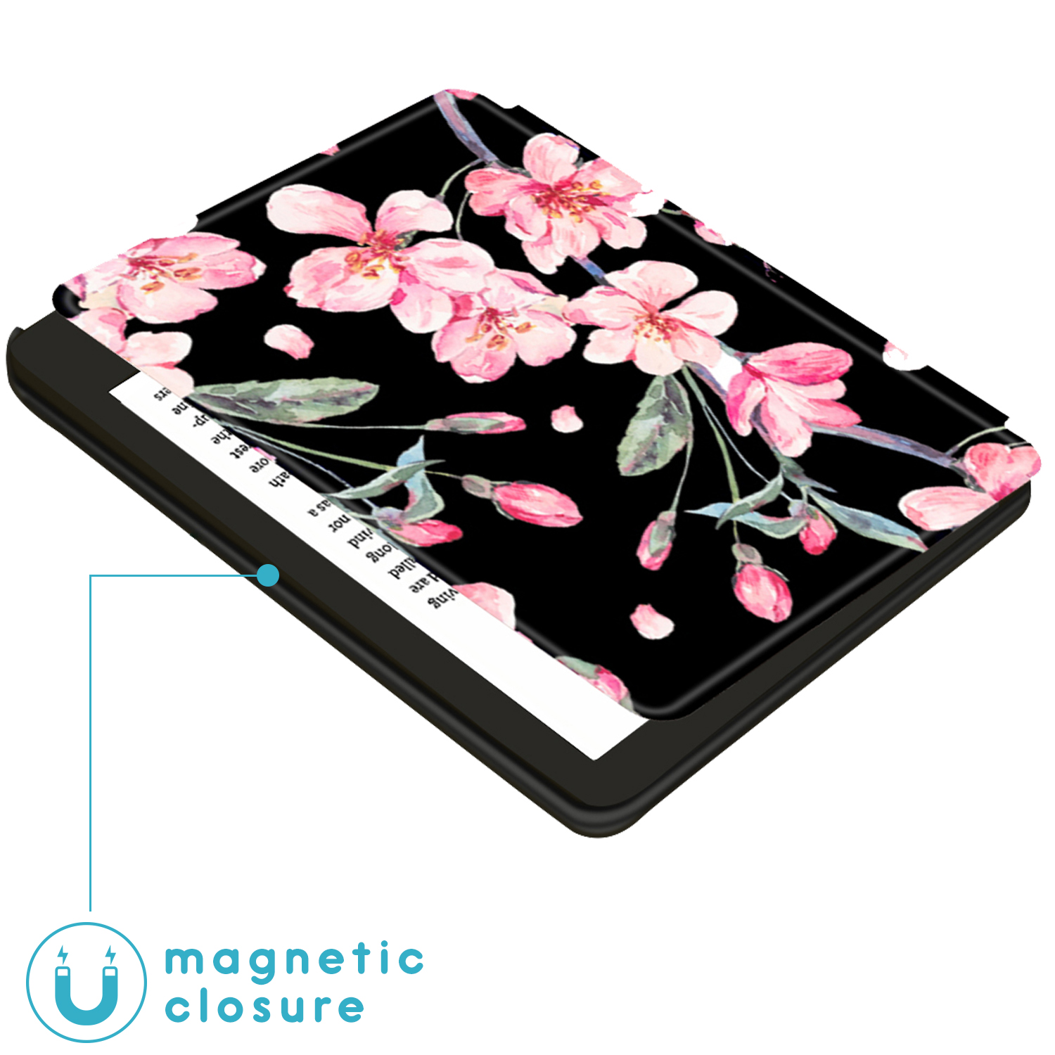 Étui Kindle avec des fleurs roses sur fond noir. Fermeture magnétique indiquée.