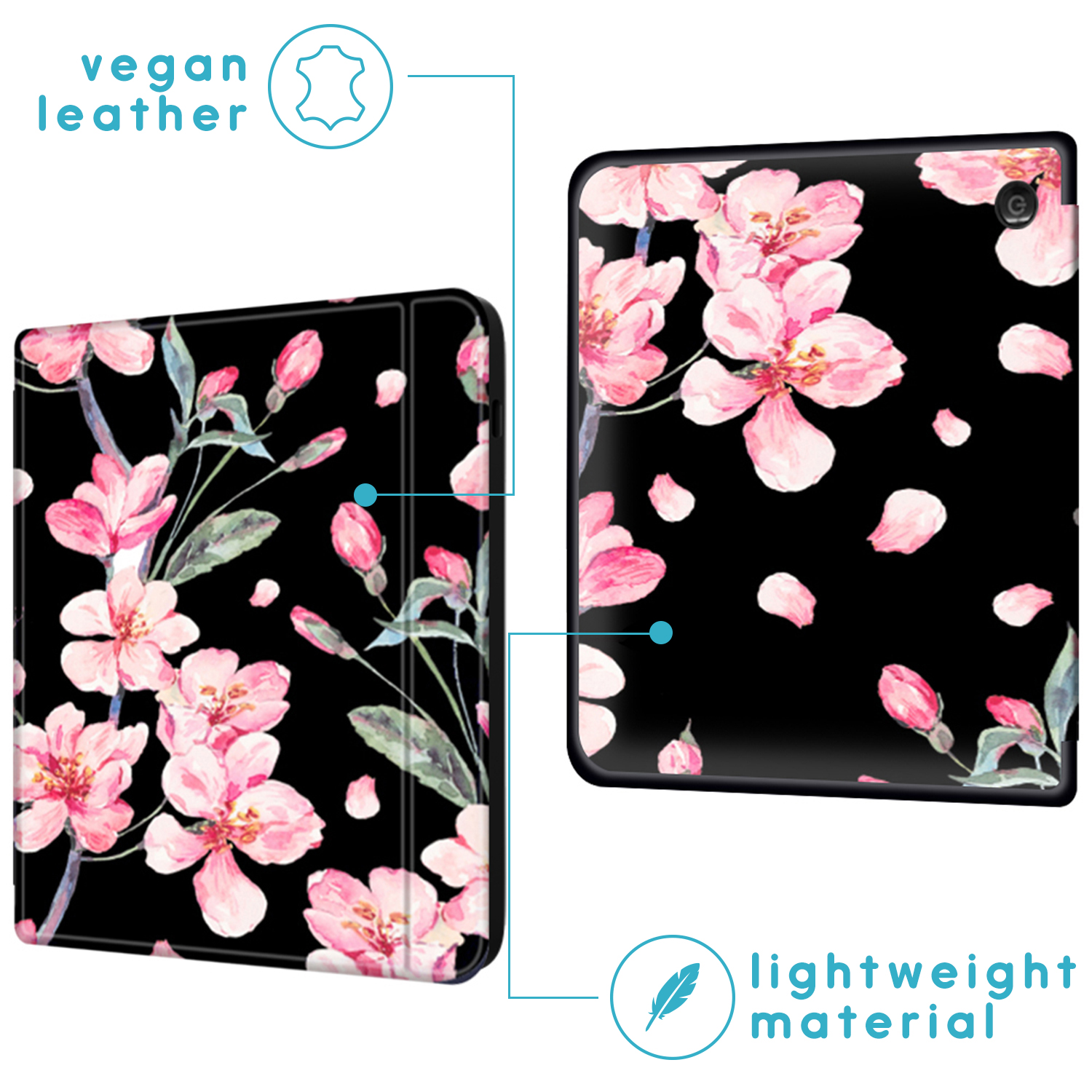Étui de tablette avec motif floral. Étui noir avec fleurs et feuilles roses. Texte : cuir végétal.