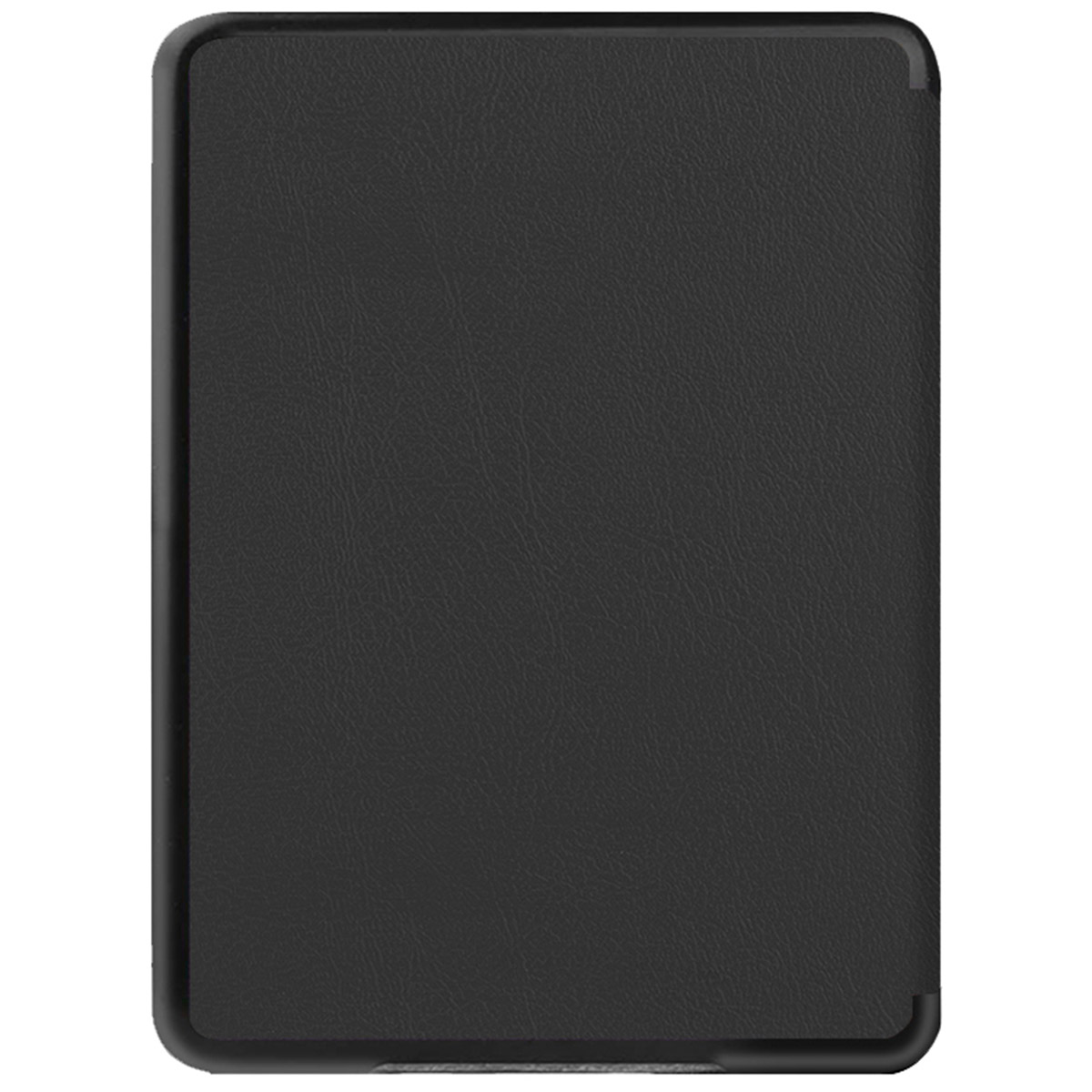 Un étui noir pour une tablette, avec une texture de cuir lisse et un cadre autour des bords.