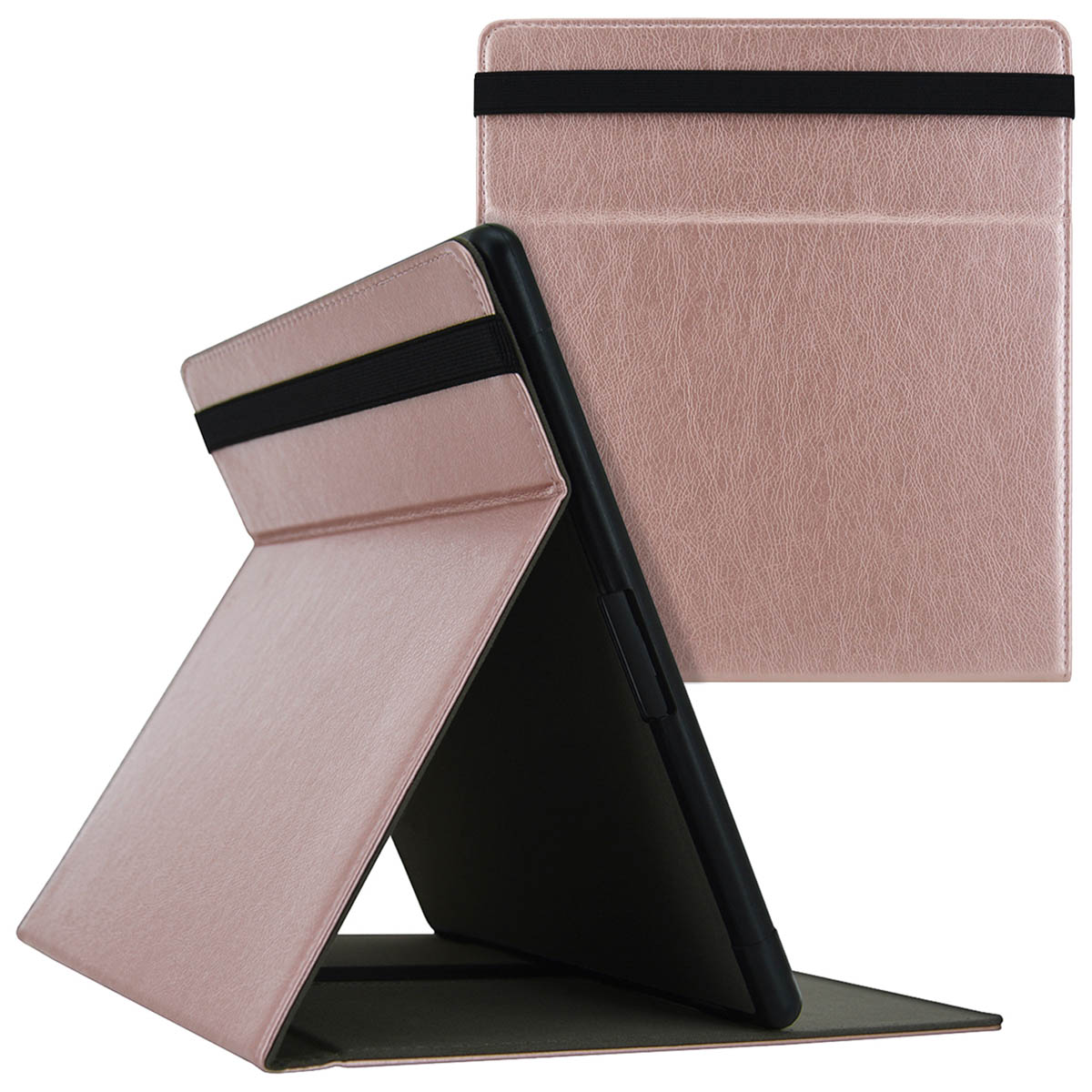 Roze tablethoes, opgevouwen om te staan. Een elastische band zet de cover vast.