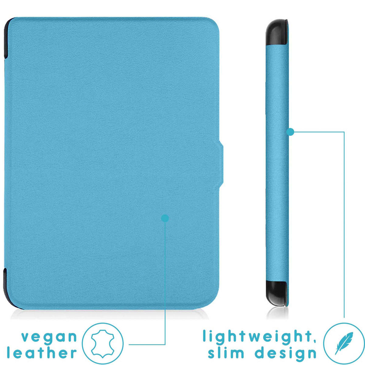 Light blue e-reader case with a side view. Text reads: vegan leather, slim design.