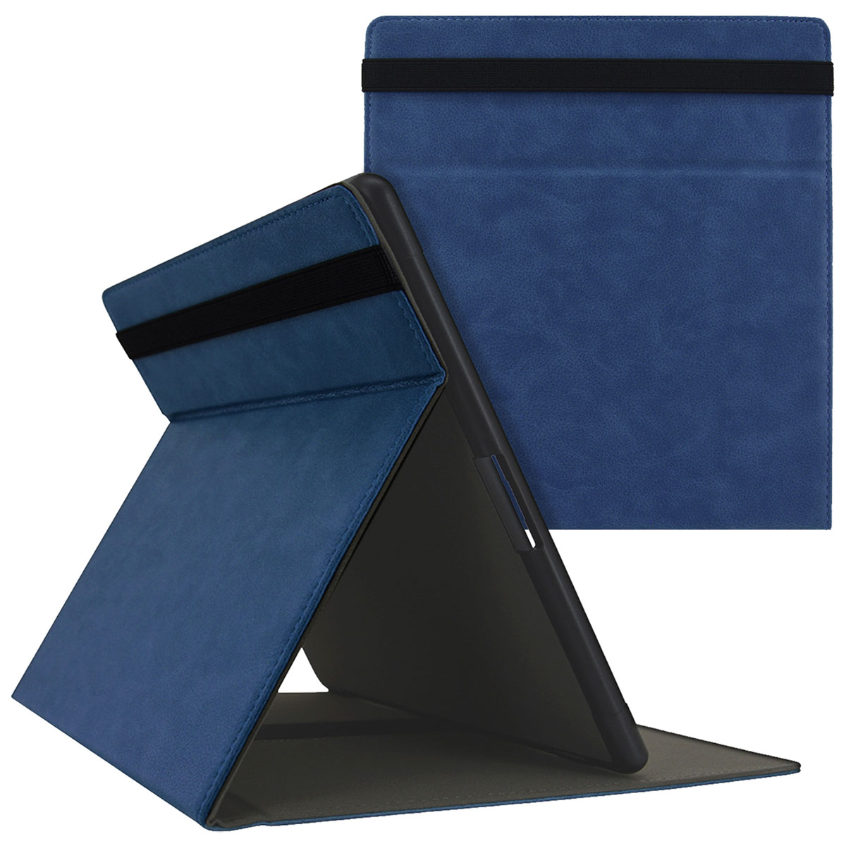 Un étui bleu pour tablette qui se plie pour tenir debout. Il y a une bande élastique noire et un intérieur sombre.