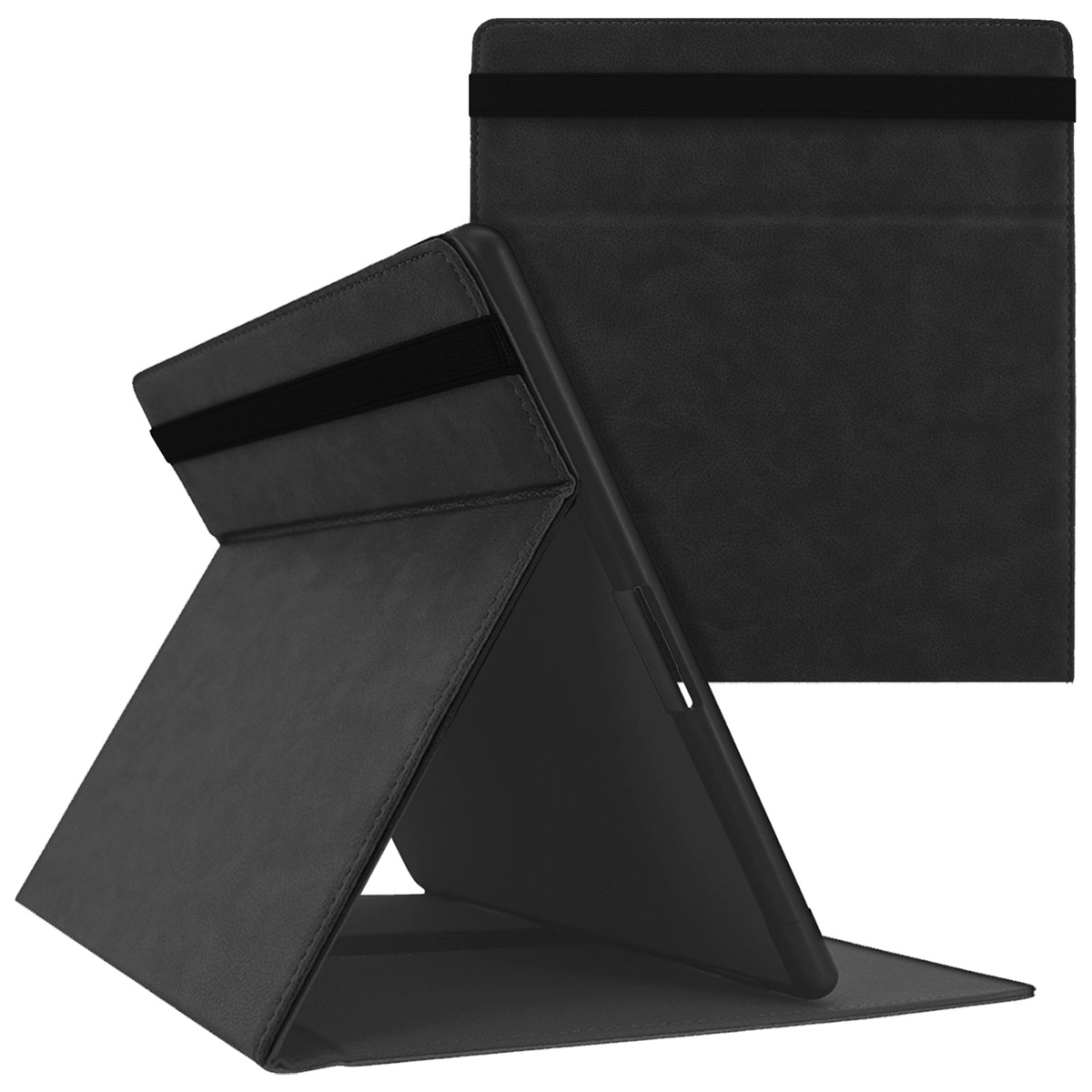 Zwarte tablethoes, open, met een tablet in een hoek, met een zwarte elastische band.