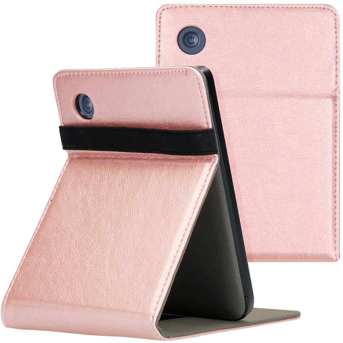 Roze e-reader in roze hoes, open en staand. De achterkant van de hoes is ook zichtbaar.
