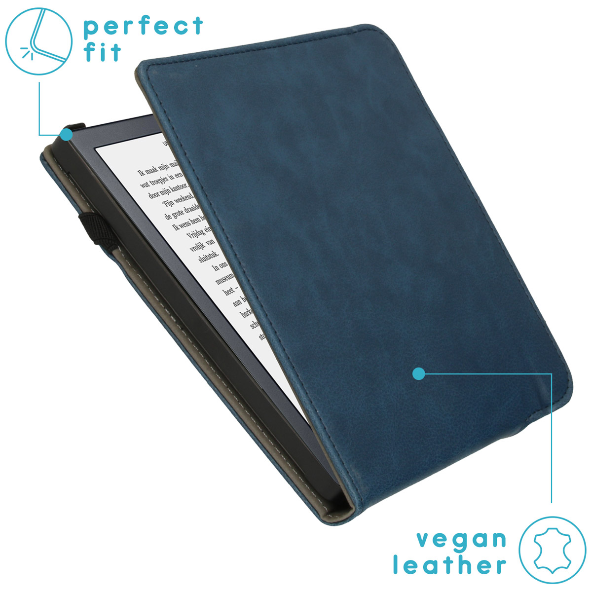 Blauwe tablethoes, geopend om een scherm te laten zien. Tekst luidt 'vegan leather'. Er is een leersymbool.