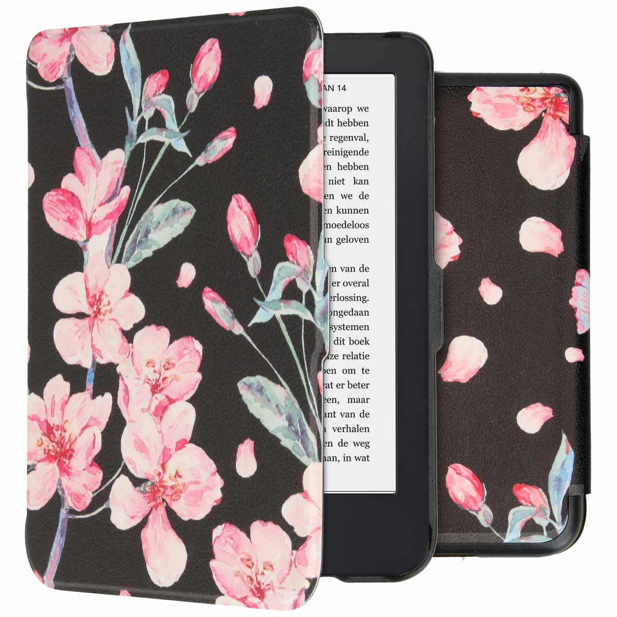 Étui de liseuse noir avec motif floral. Fleurs roses sur fond noir. Ouvert.