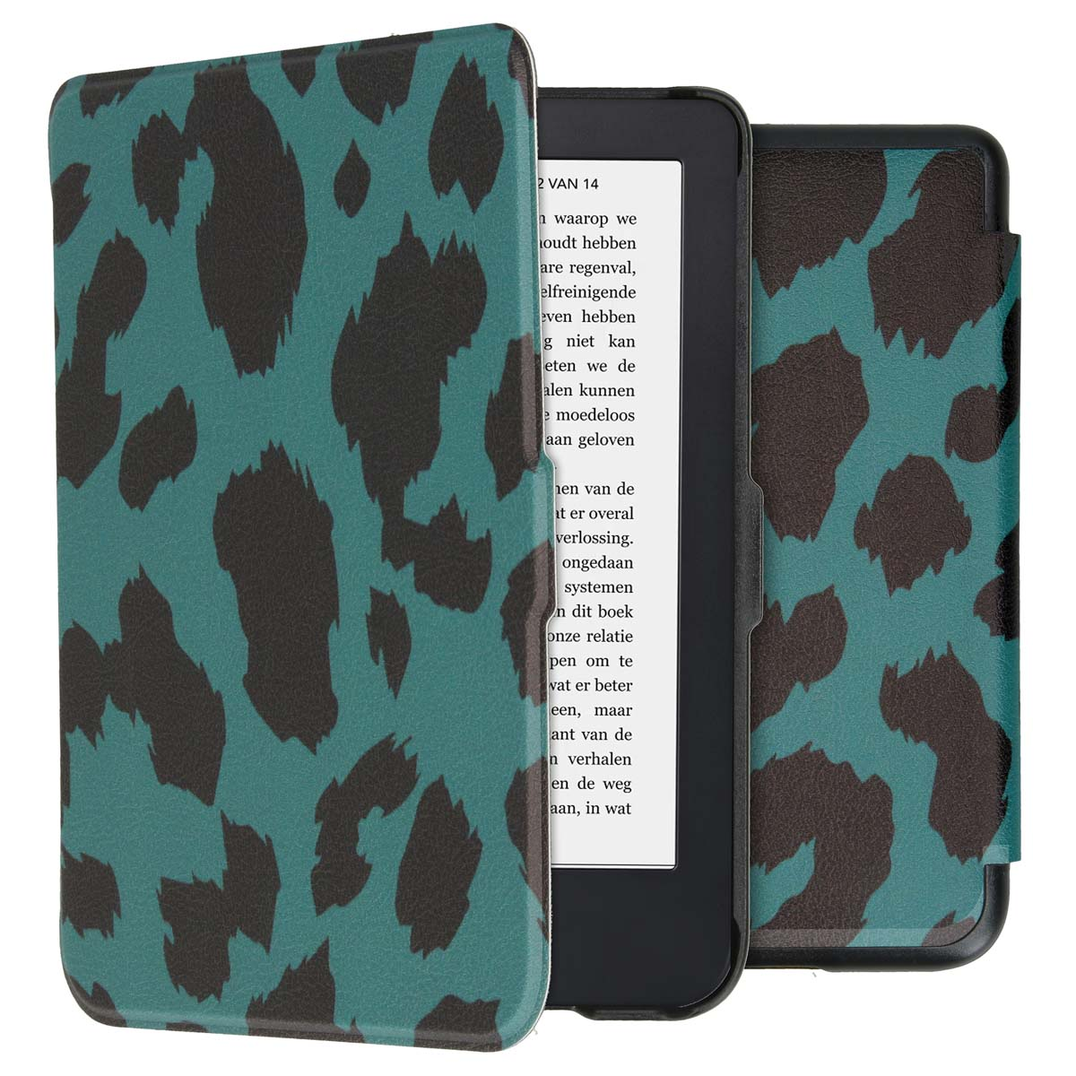 Petrol e-reader hoes met zwarte luipaardprint. E-reader open, magnetische sluiting.