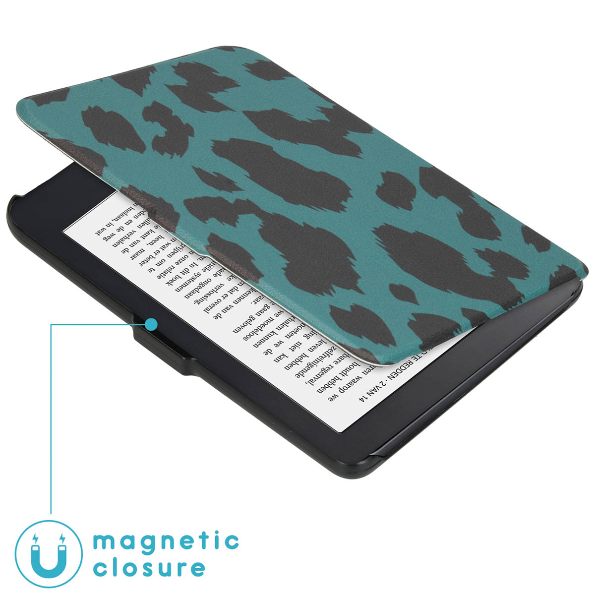 E-reader hoes met een teal luipaardprint patroon. Magnetische sluiting wordt getoond.