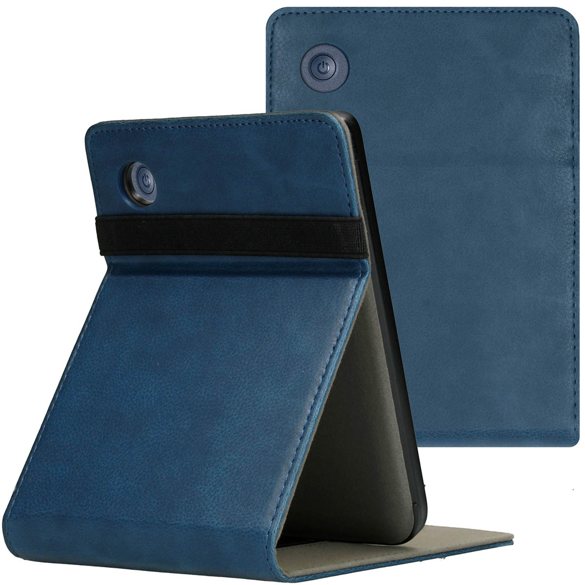 Blauwe tablethoes in standpositie met zwarte elastiek en aan/uit-knop zichtbaar.