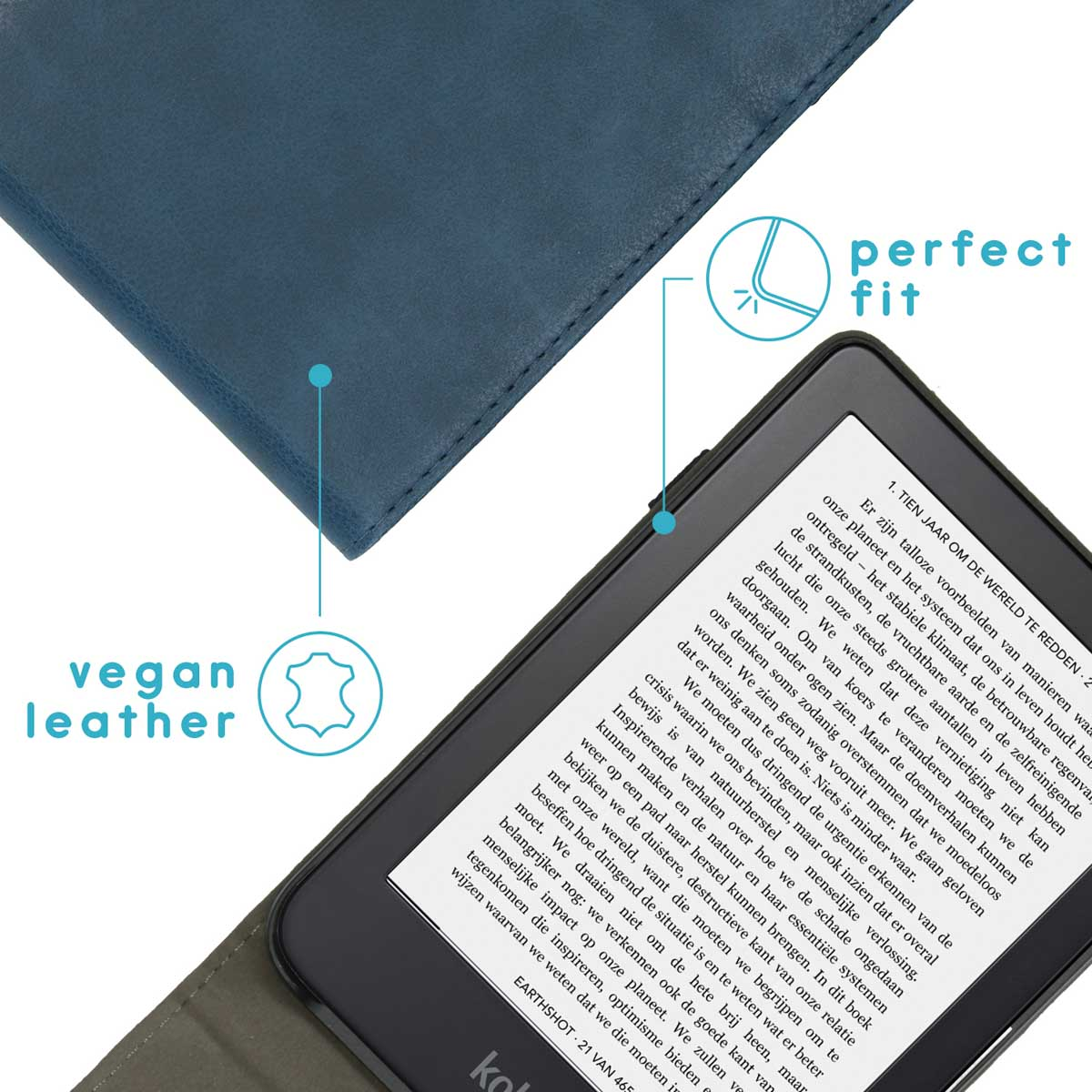 Blauwe e-reader hoes open, tekst tonend. Vegan leer. Perfecte pasvorm. Close-up.