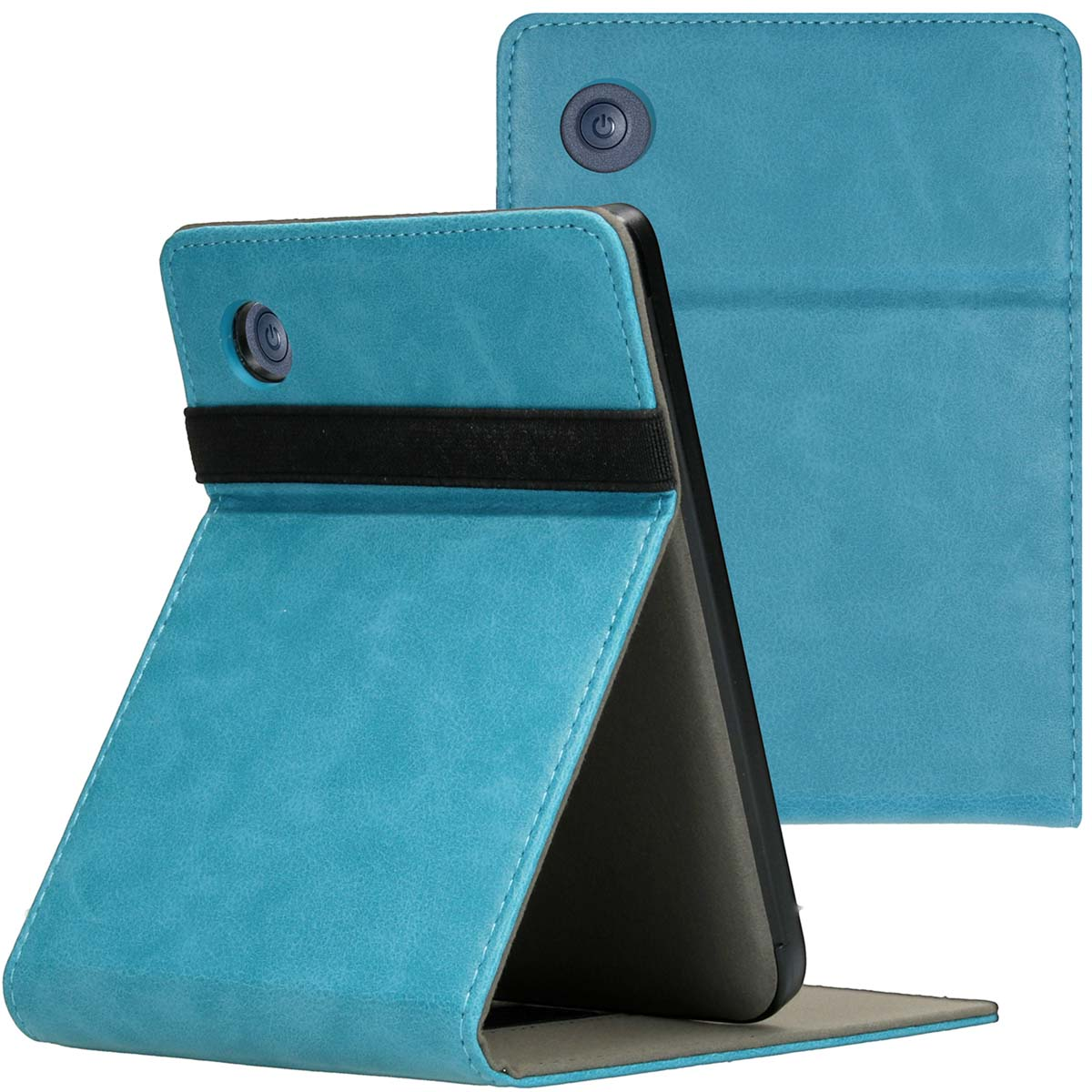Étui de tablette bleu, ouvert, montrant un intérieur noir et une tablette en position verticale.