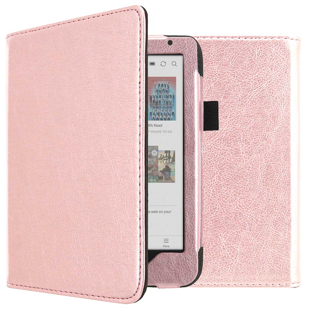 Roze e-reader hoes open, scherm tonend. Tekst op scherm. Zwarte magnetische sluiting.
