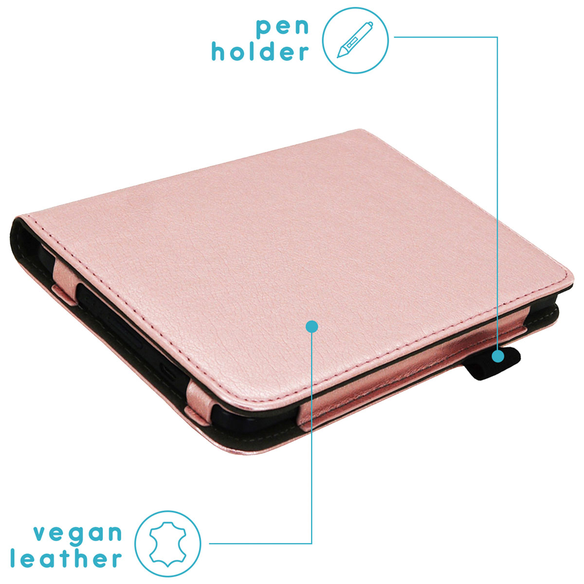 Roze vegan leren hoes voor een tablet. Inclusief pennenhouder.