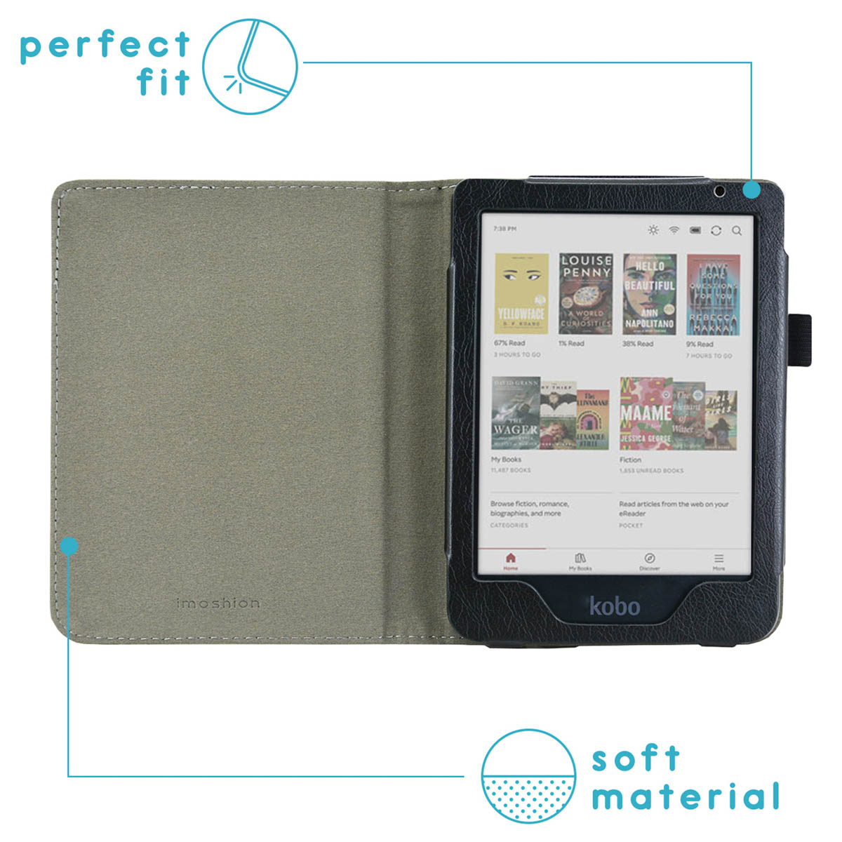 Open e-reader case met een e-reader met een boekenlijst.