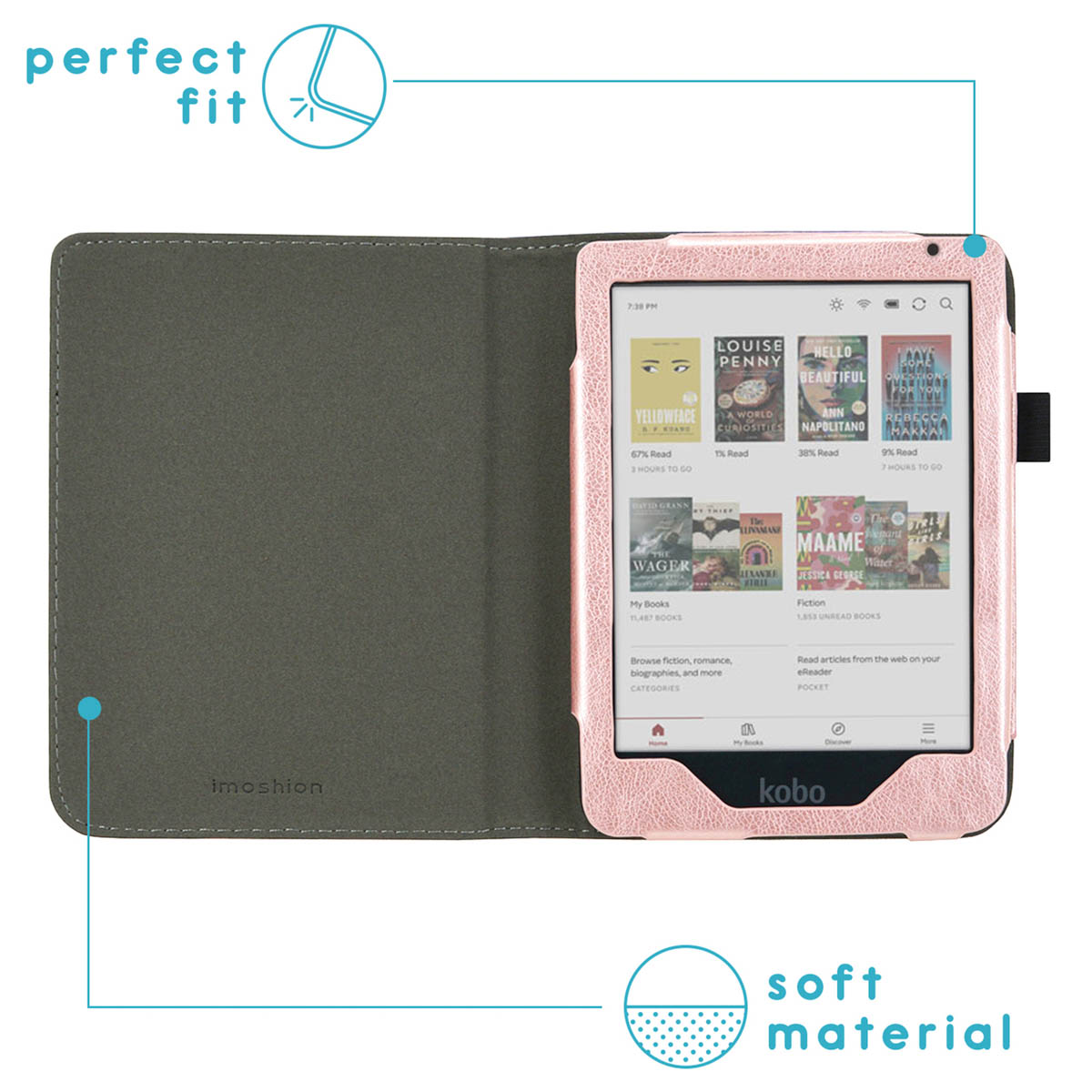 Een open e-reader hoes met een roze cover. De e-reader toont een boekenlijst. Zacht materiaal.