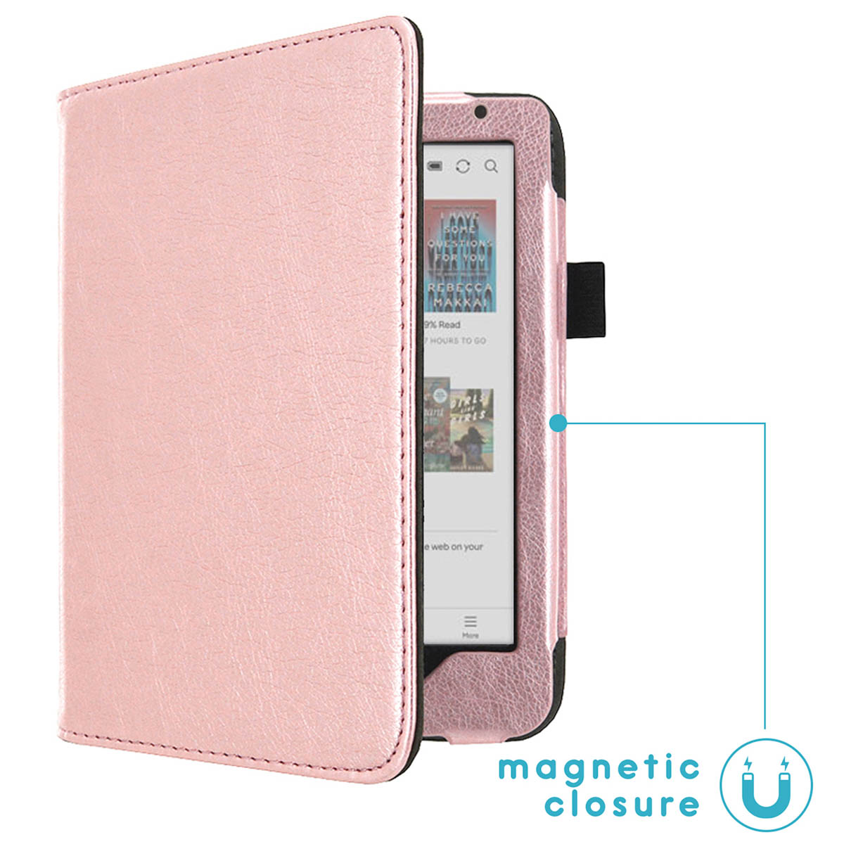 Roze e-reader case, open om een scherm te laten zien. De case heeft een magnetische sluiting.
