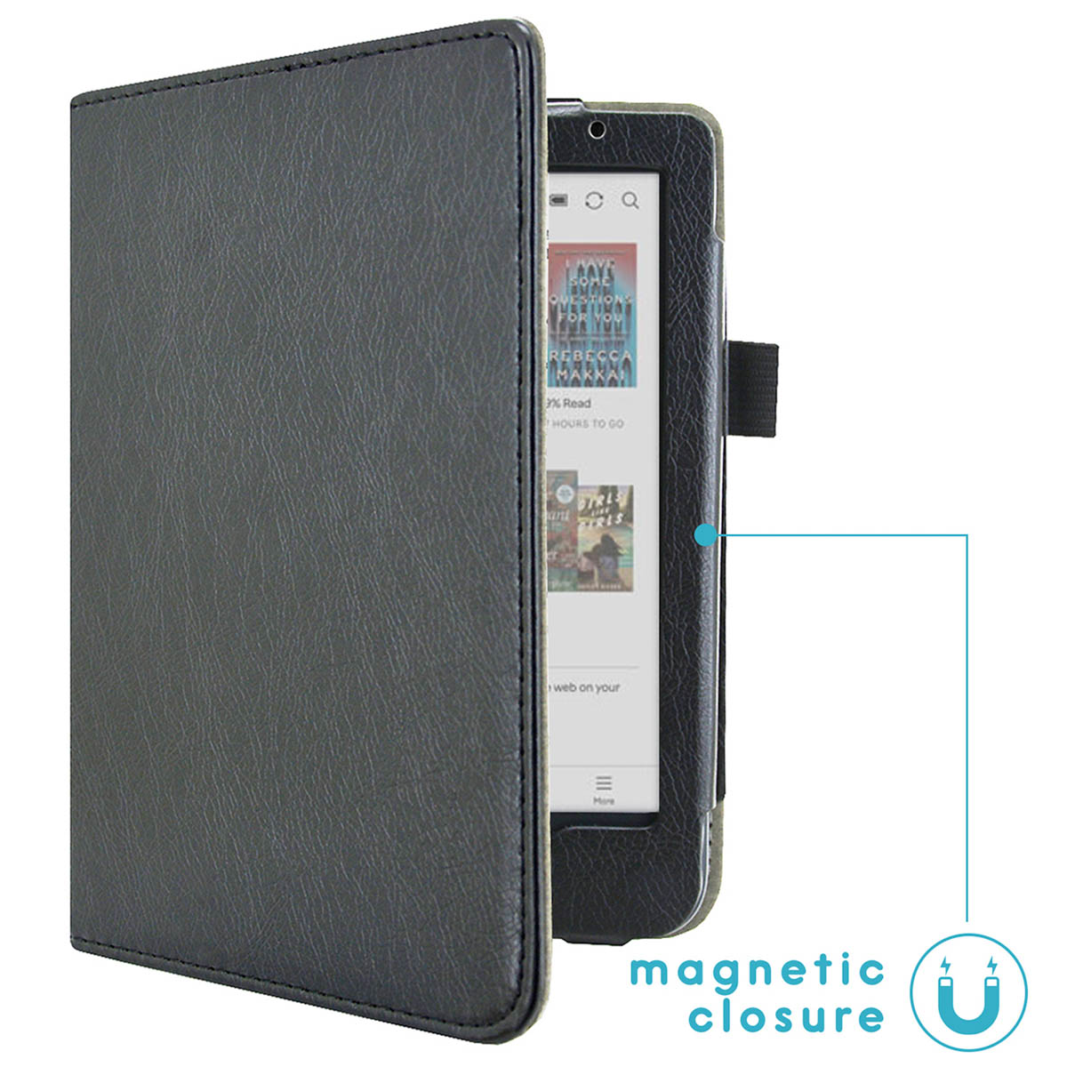 Donkergrijze e-reader in een donkergrijze case, open. Magnetische sluiting is aangegeven.