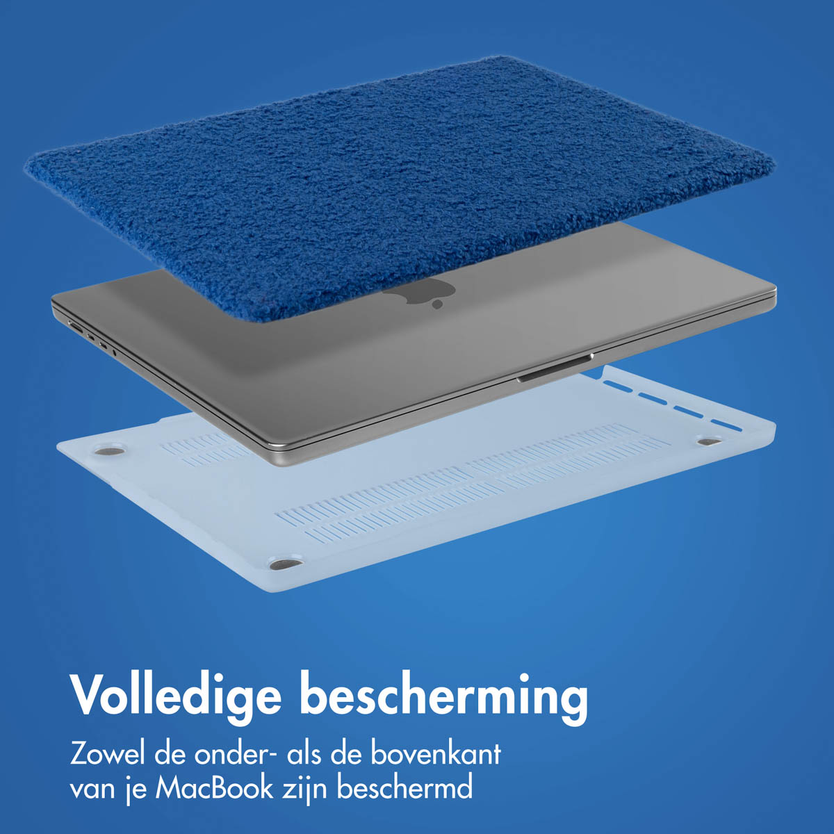 Blue cover on top of a laptop, with the laptop and a clear cover.