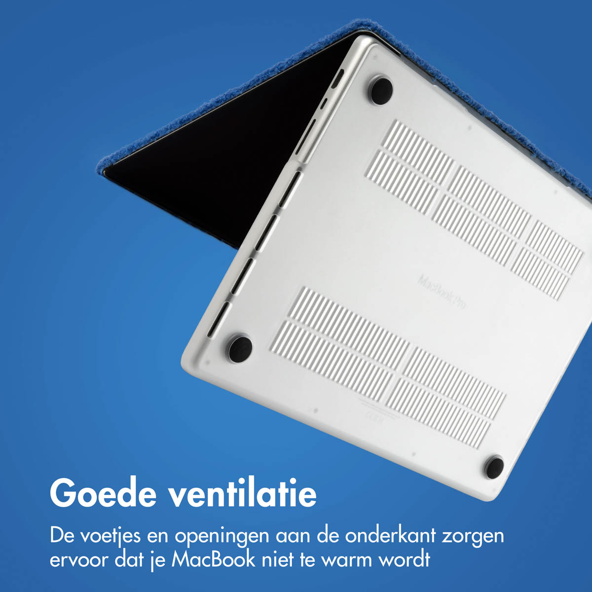 Silver MacBook Pro with a blue cover. The bottom has ventilation holes and black feet.