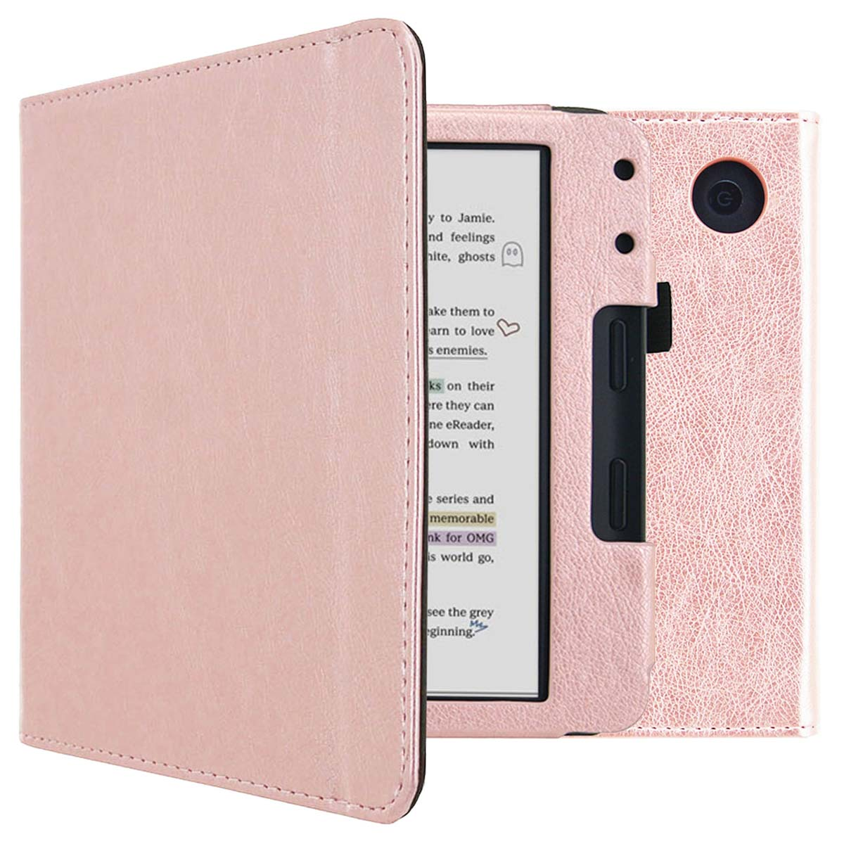 Étui de liseuse rose, ouvert, révélant la liseuse. Il a une couverture rose et un cadre noir.