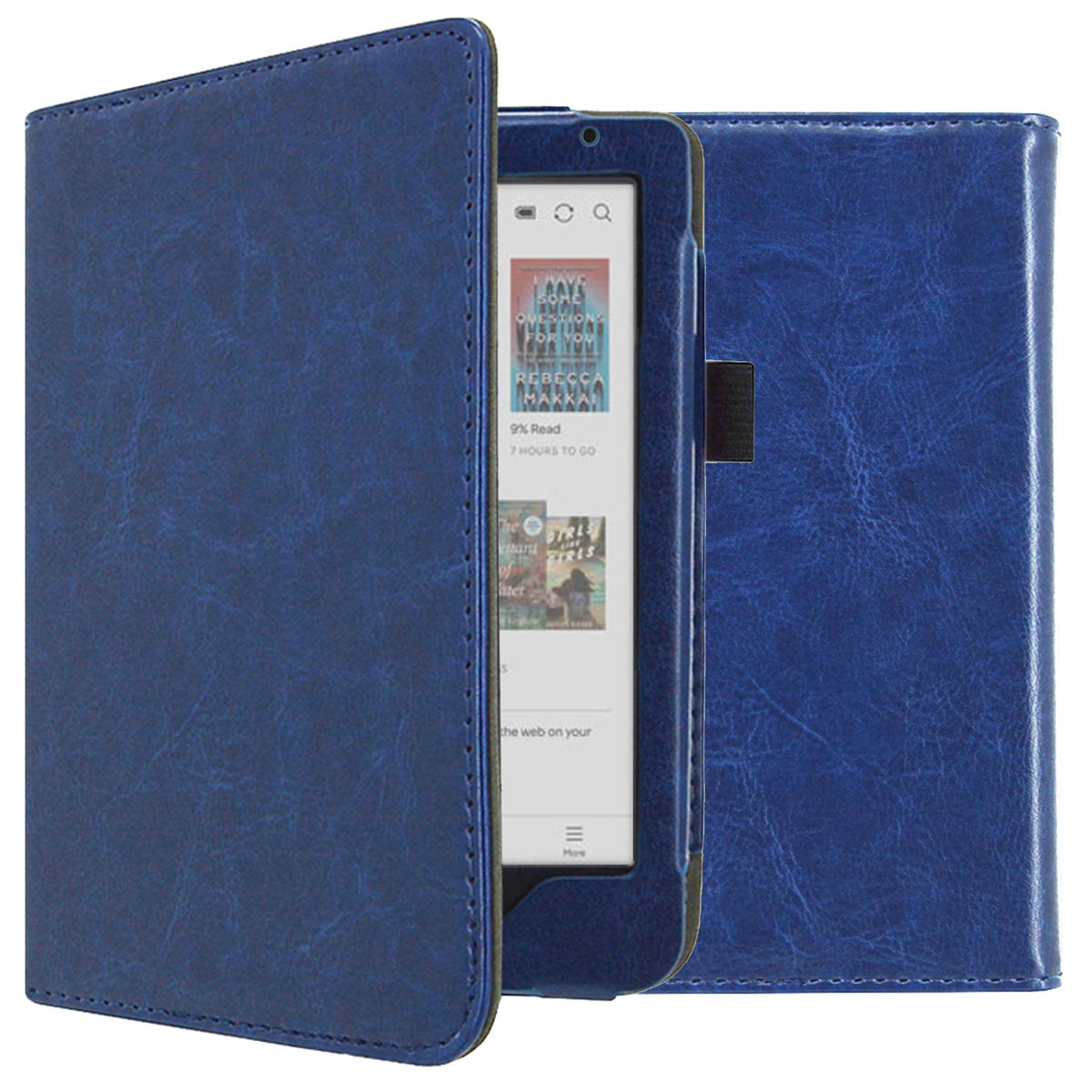 Blauwe e-reader hoes, open. E-reader scherm toont boekomslag.