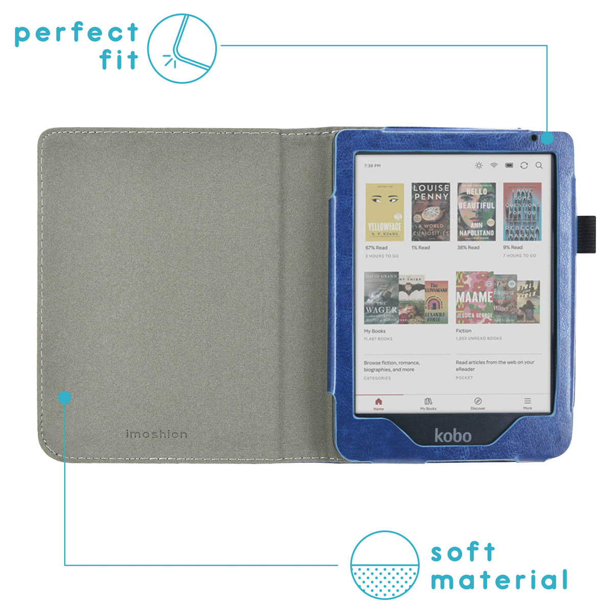 E-reader in blauwe case, open, met boeken. Zacht materiaal aangegeven.