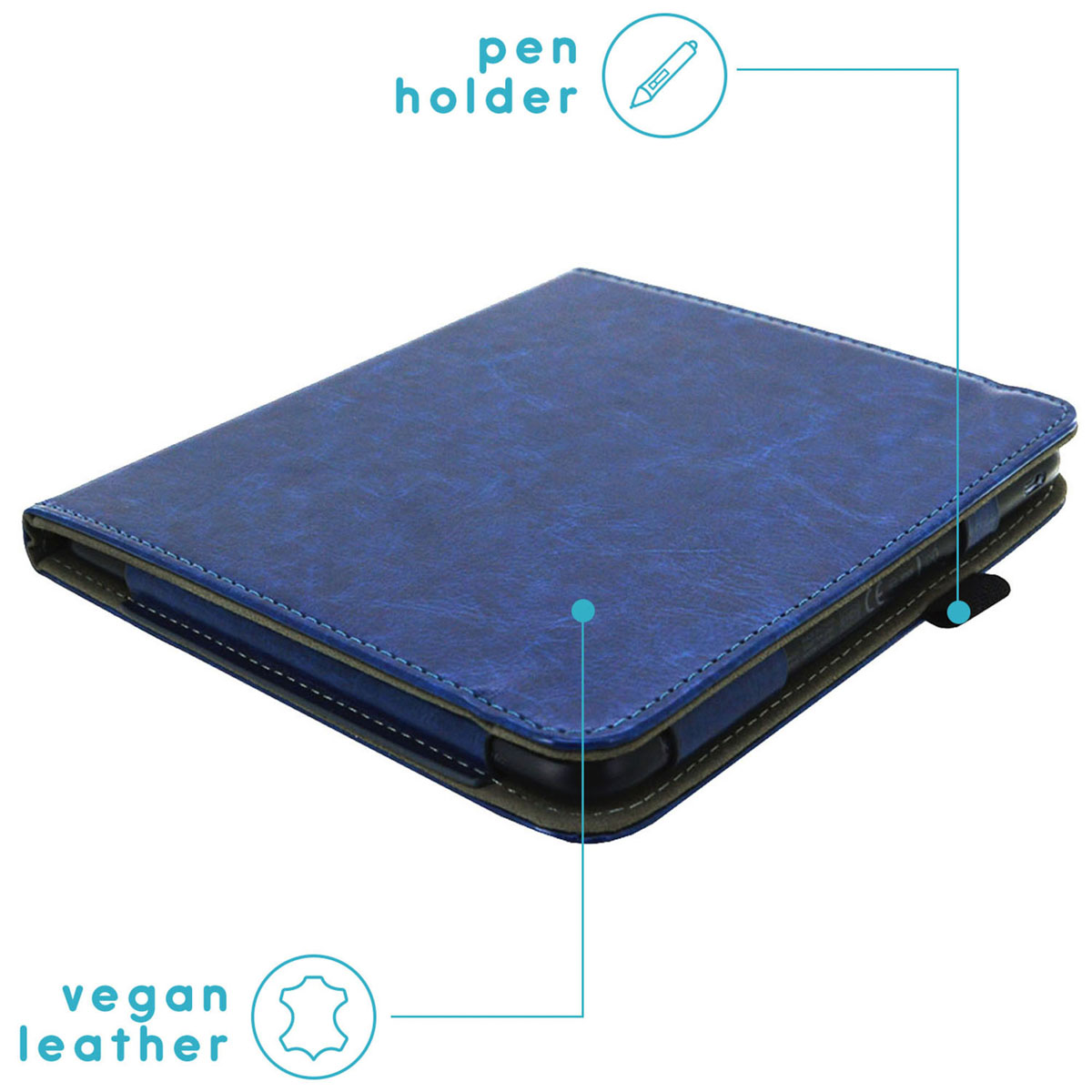Blue tablet case, open, showing pen holder and vegan leather description.