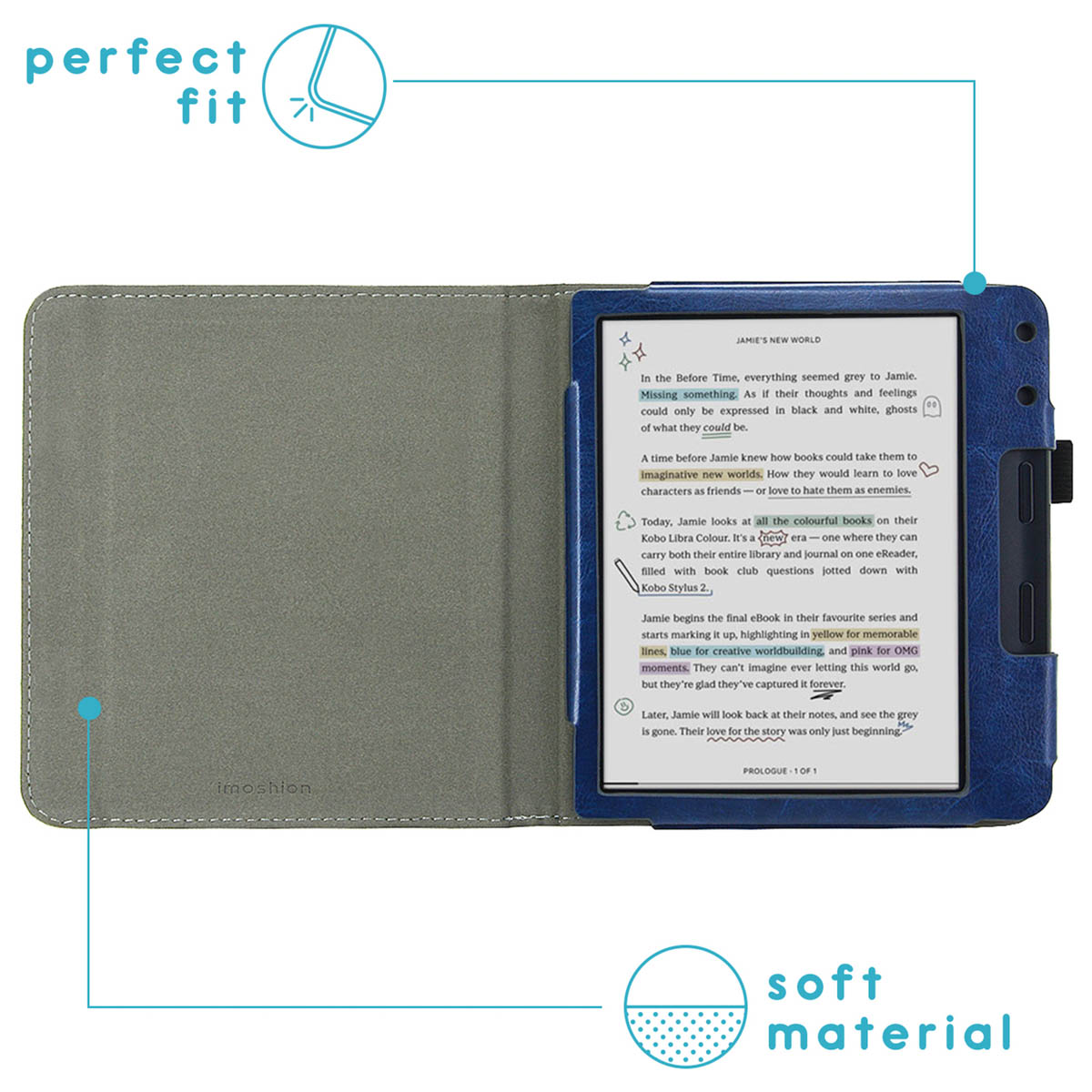 E-reader in blue case, open, showing text. Soft material indicated.