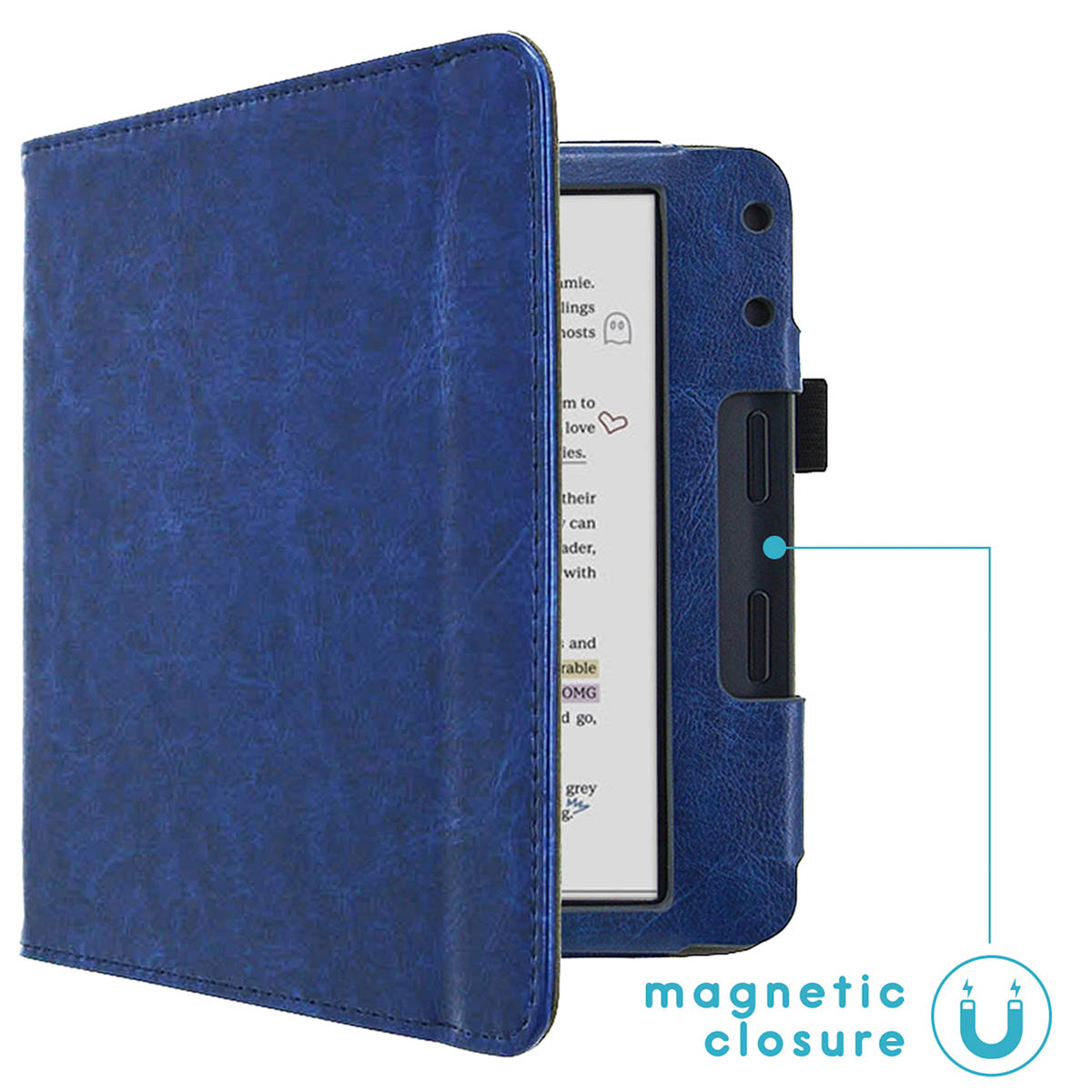 Blue e-reader case open, showing text. A magnet closure is indicated with a horseshoe symbol.