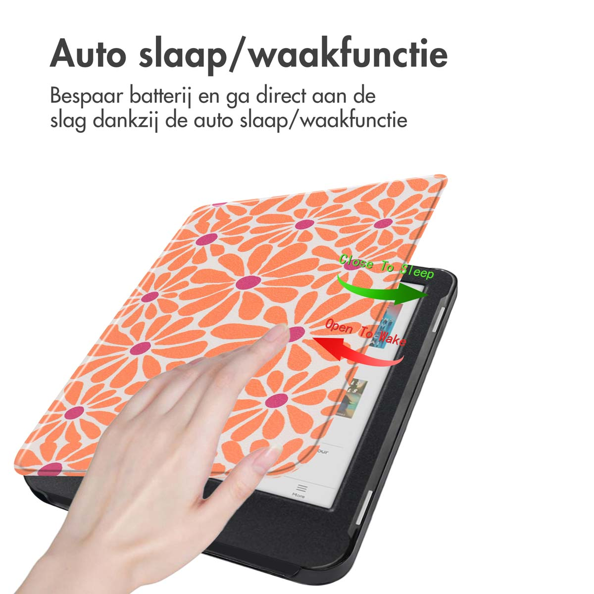 La main ouvre la couverture d'une tablette à motifs floraux. Texte: fonction de mise en veille/réveil automatique. Fermer pour dormir, ouvrir pour réveiller.