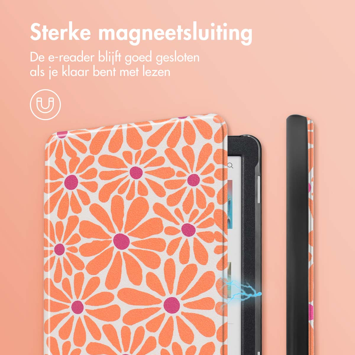 Étui pour liseuse, motif floral orange, avec la liseuse.