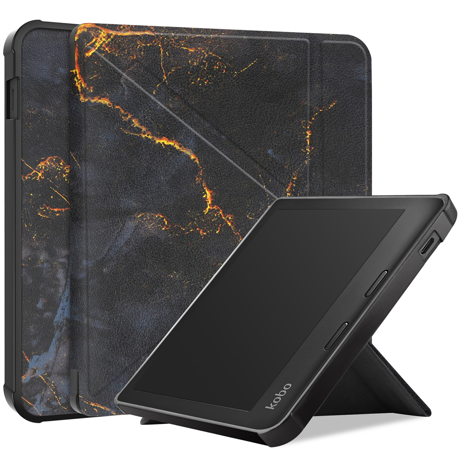 Een e-reader met een zwarte hoes en een hoes met een zwart marmerontwerp.