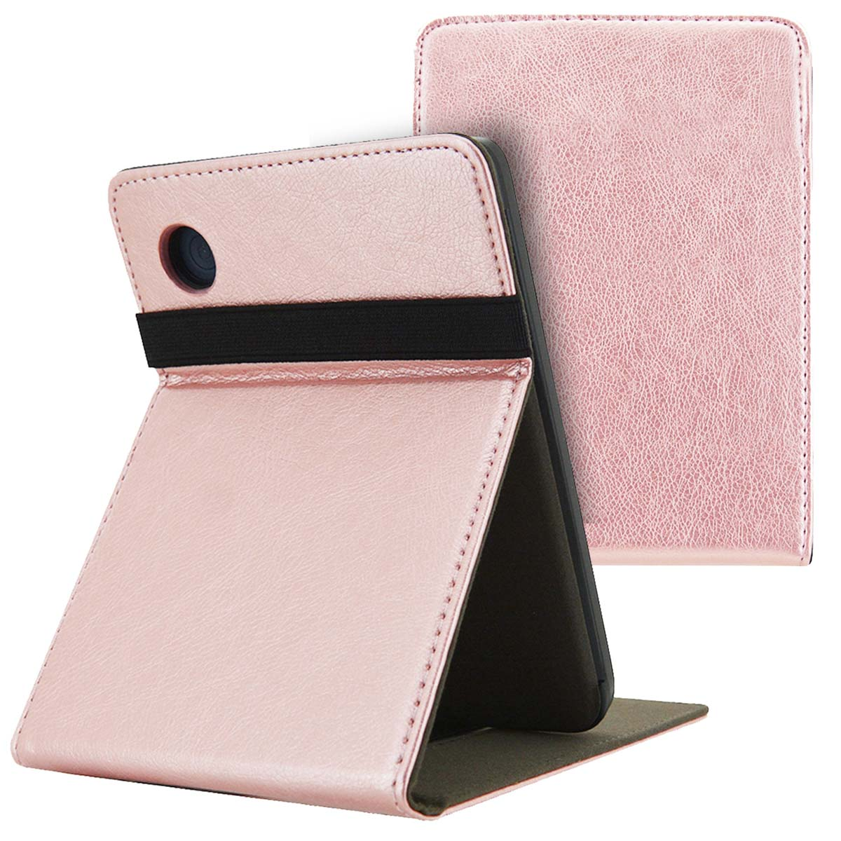 Étui de tablette rose avec une bande élastique noire. La tablette est soutenue. L'arrière-plan est uni.