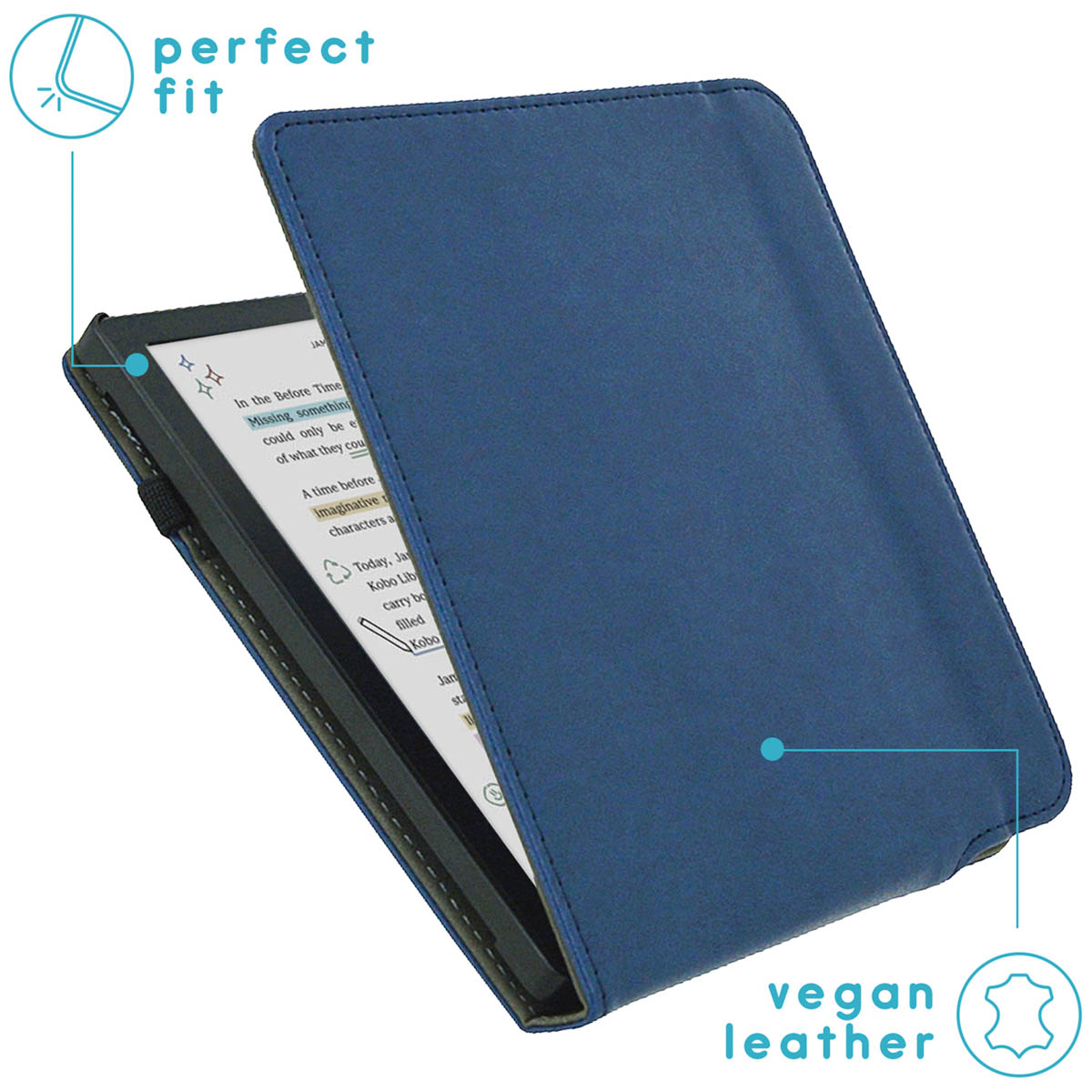 Open blauwe e-reader case met een e-reader die tekst toont.