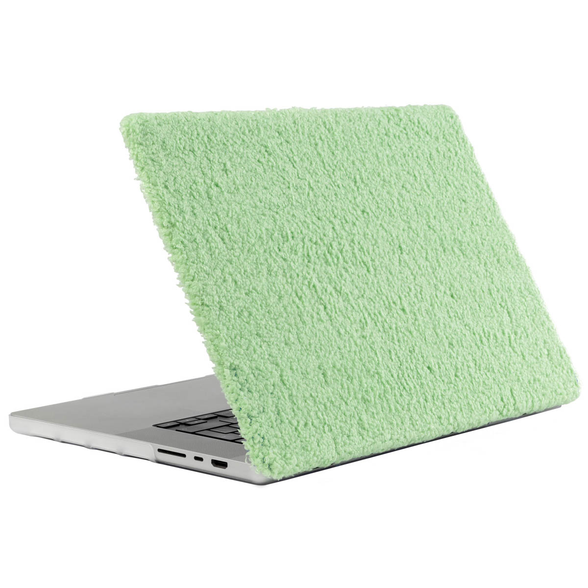 Custodia per laptop verde sfocata, che copre la parte superiore di un laptop, sfondo bianco.