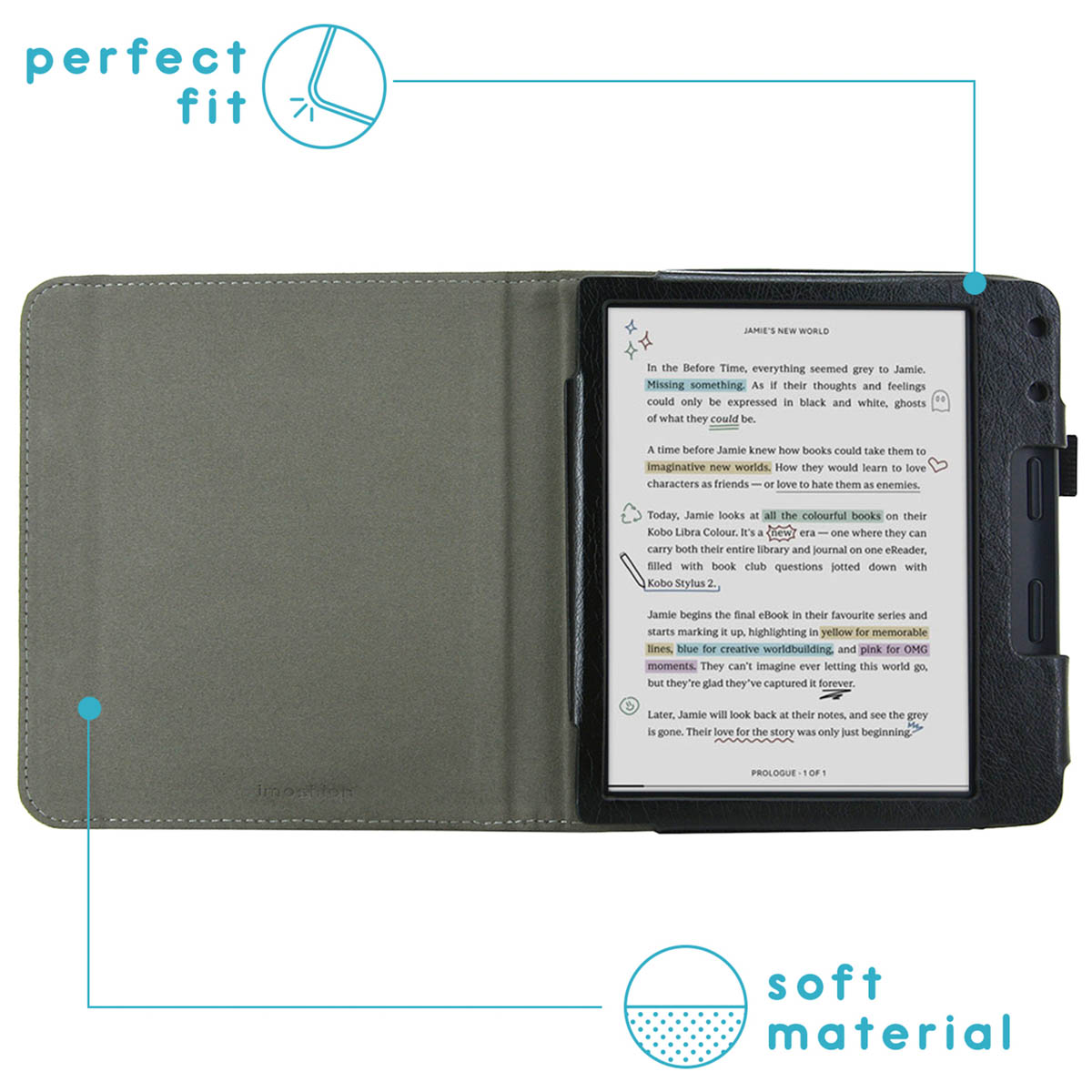E-reader in grijze case, open, met tekst. Zacht materiaal aangegeven.