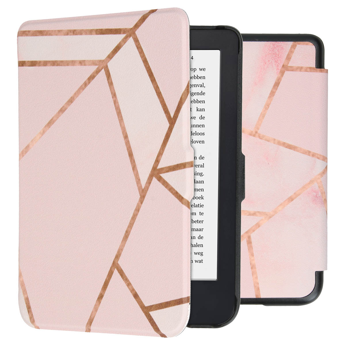 Étui de tablette à motifs roses et dorés, ouvert. Montrant la tablette avec du texte visible.