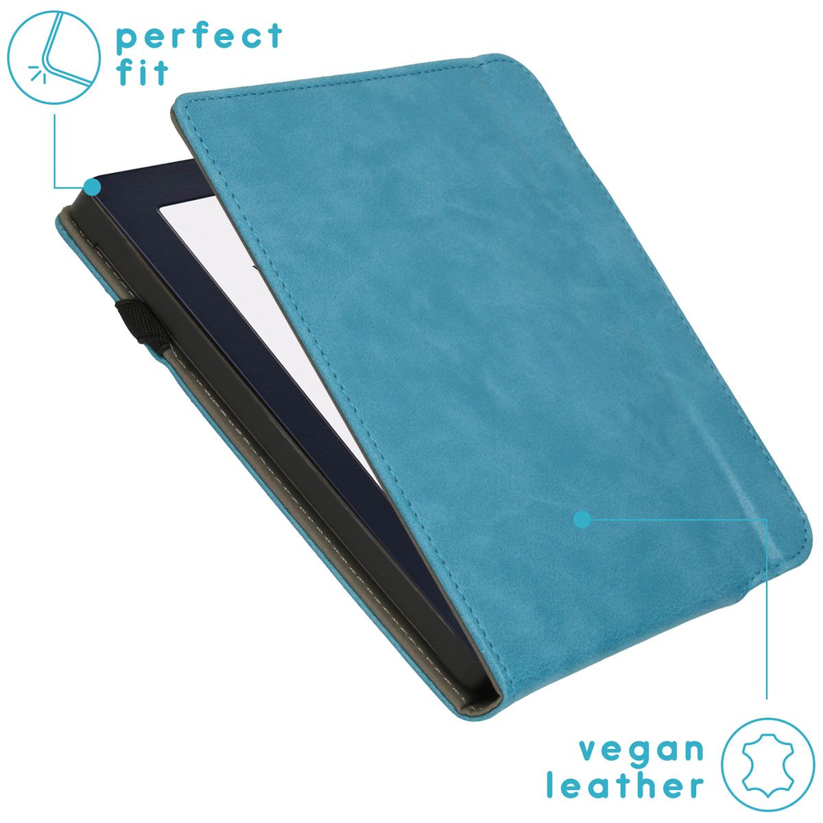 Blauwe e-reader case, open. Het scherm is zichtbaar.