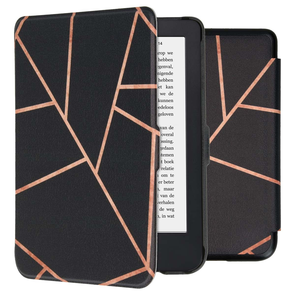 Een geopende e-reader, zwarte hoes met geometrisch roségoud ontwerp. Het scherm toont tekst.