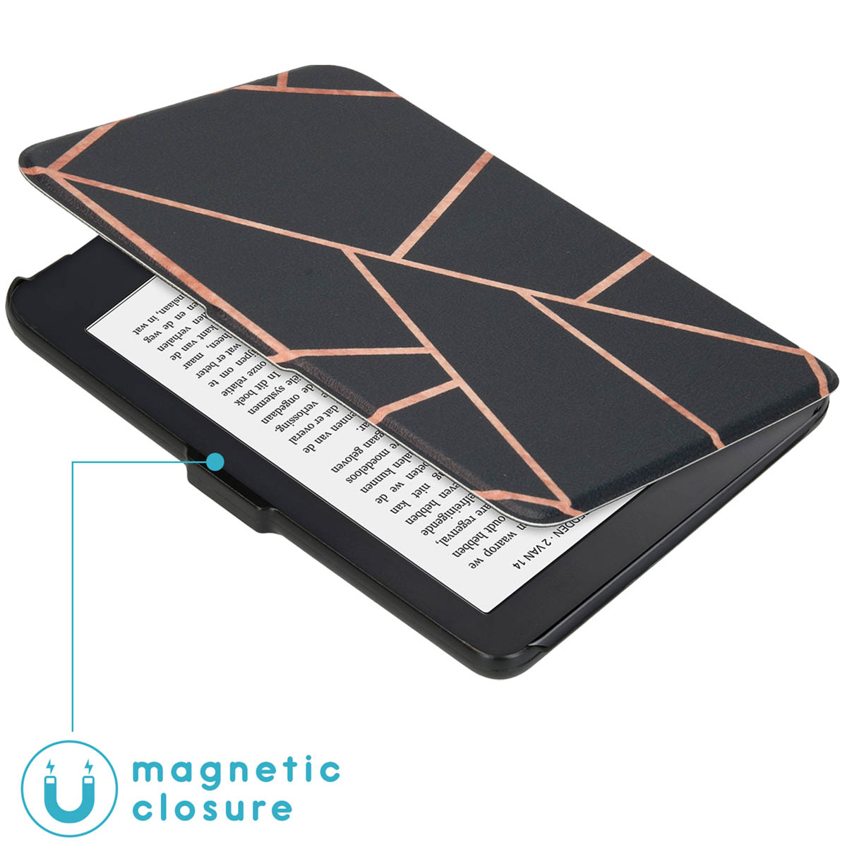 Zwarte e-reader met hoes. De hoes is open, met een patroon en een magnetische sluiting.