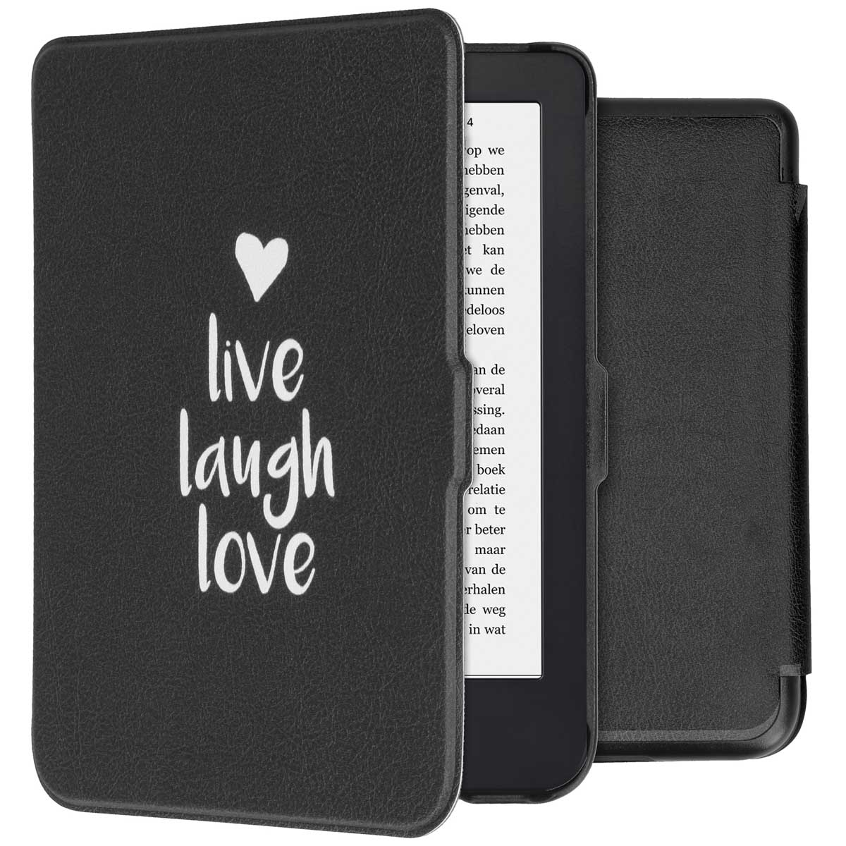 Un étui de liseuse noir avec "live laugh love" sur la couverture. Une liseuse est à l'intérieur.
