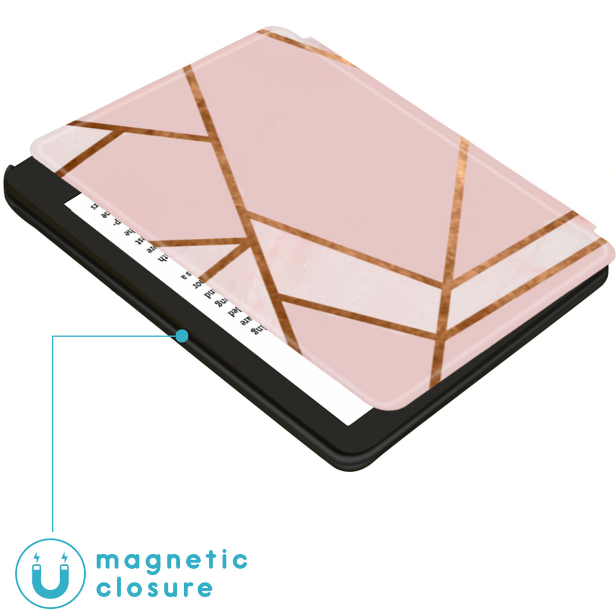 Pink geometric e-reader cover. Magnetic closure. The e-reader is inside and displaying text.