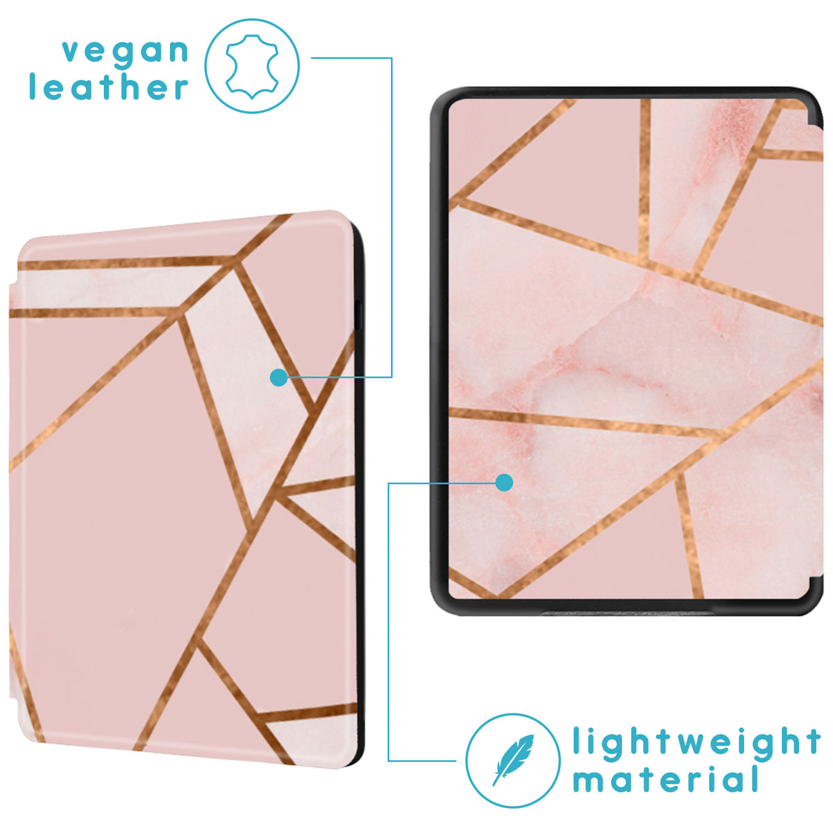 Pink e-reader case with geometric gold design, labeled vegan leather and lightweight material.