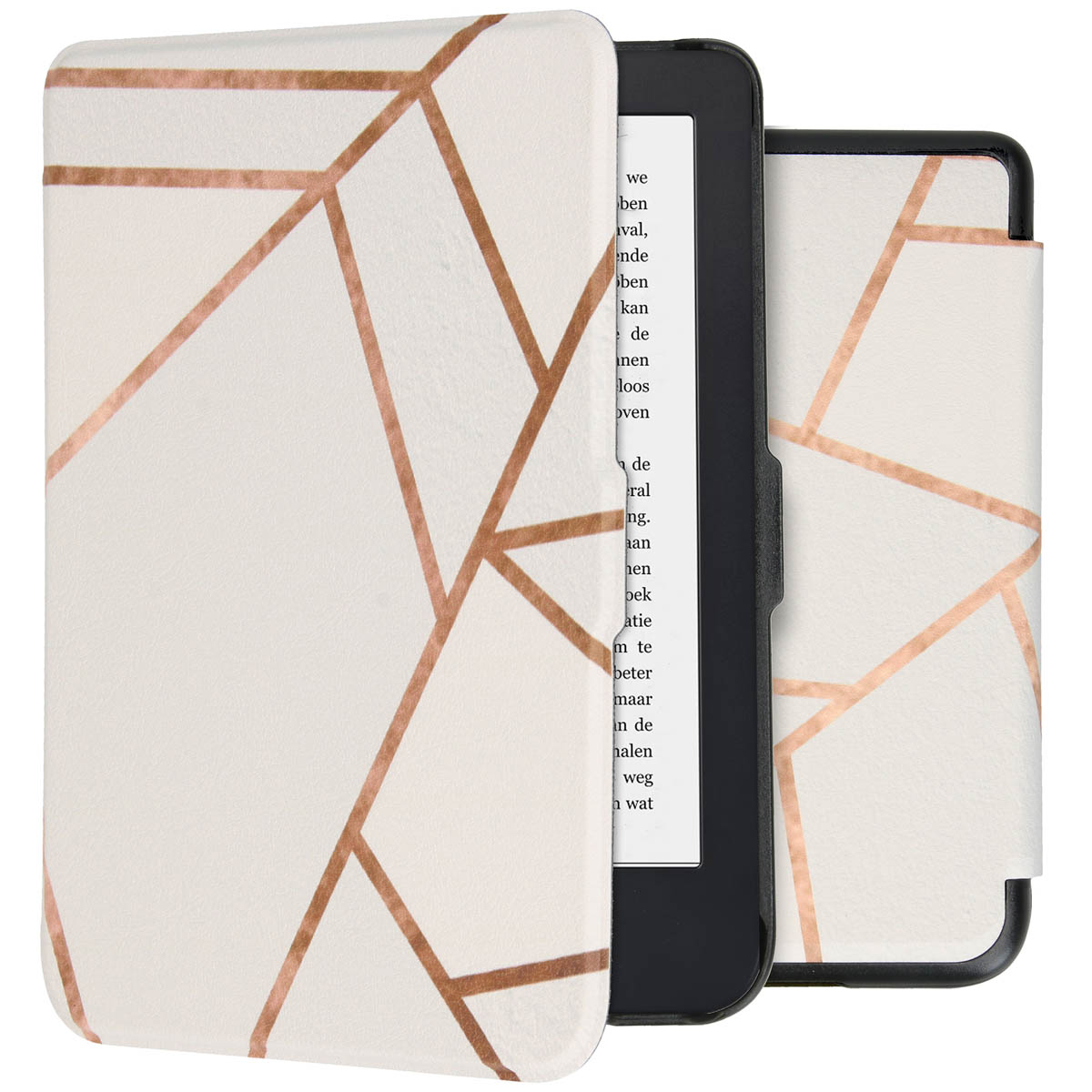 Un étui de liseuse ouvert avec une couverture blanche et des lignes cuivrées. Une liseuse est visible.