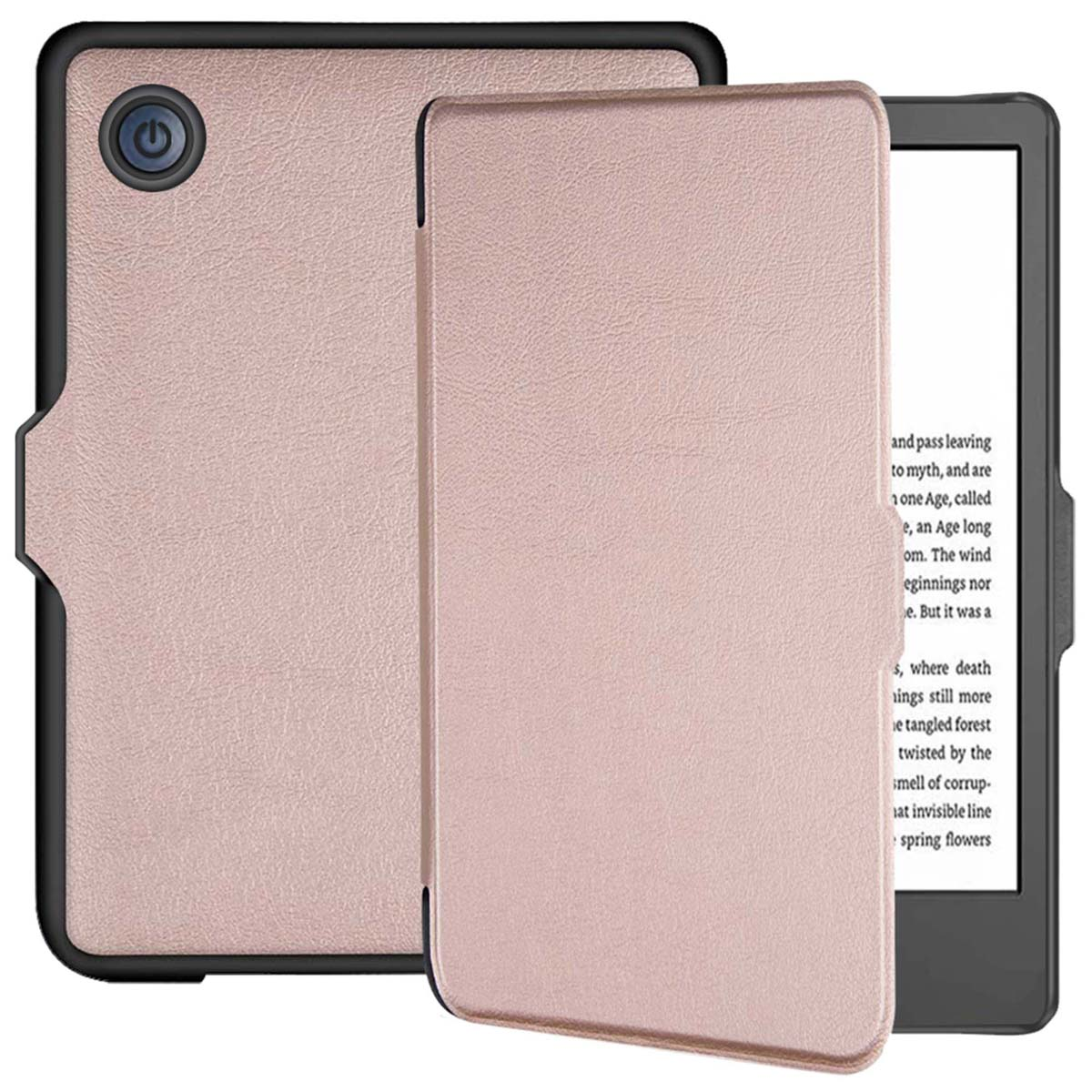 E-reader met een roze hoes. De hoes is open en toont tekst op het scherm. Zwarte rand.